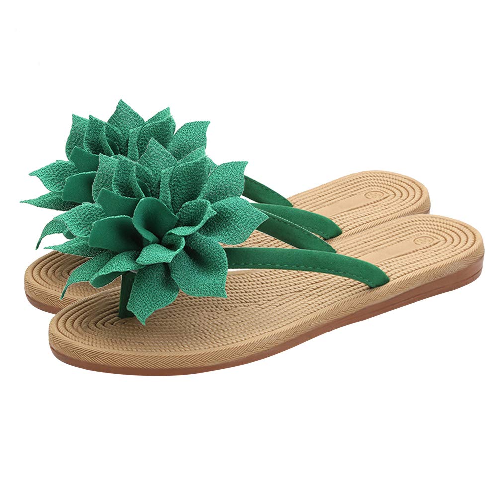 FENICAL Women's Flip Flops - Non-Slip Comfortable Beach Sandals with Green Flower Design | Perfect for Summer, Poolside, Vacation & Casual Wear