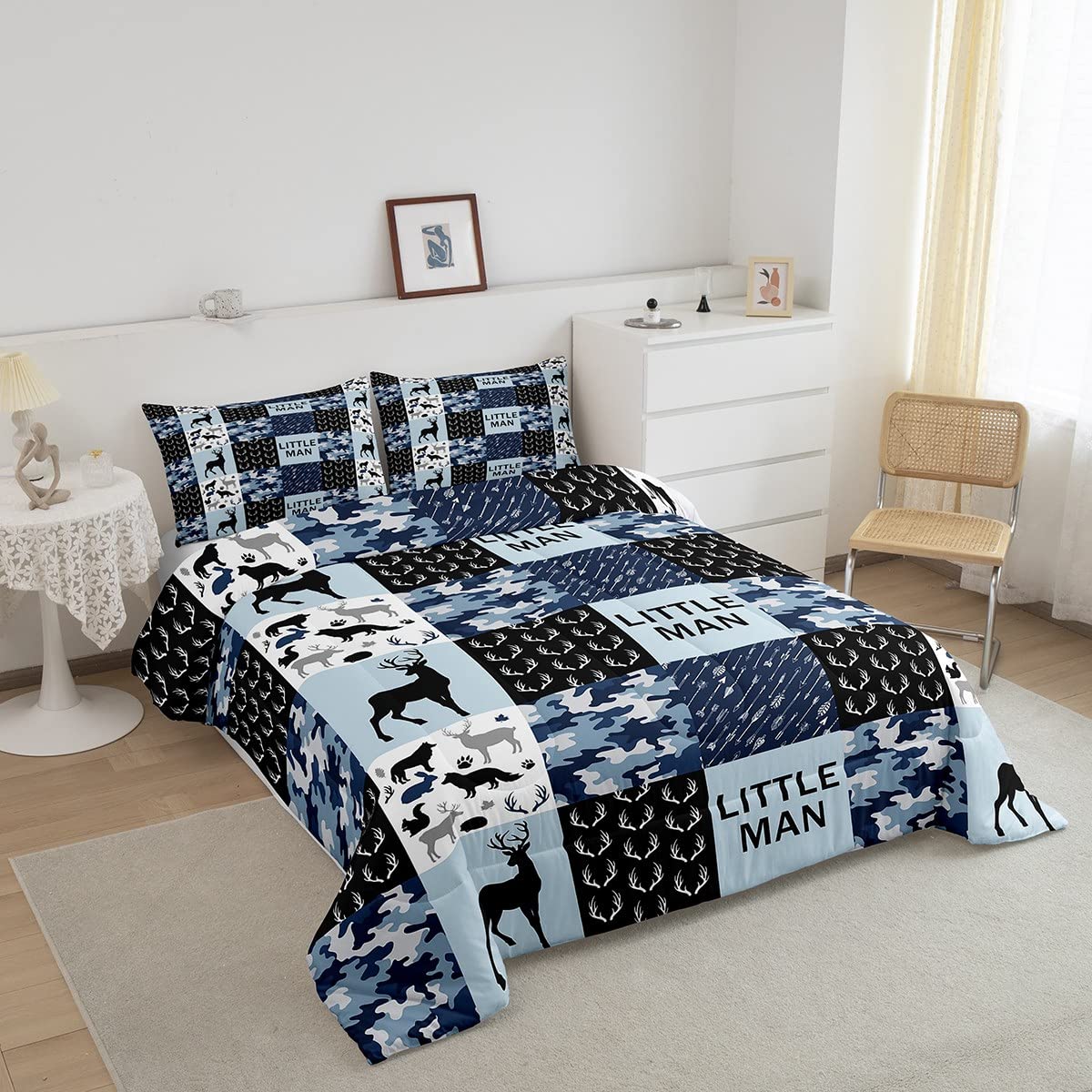 Manfei Camo Deer Antlers Comforter Set Twin - Geometric Checkered Patchwork Bedding 2pc Set for Kids, Teens & Adults - Boho Arrow Animal Print Quilt with Blue Christmas Duvet Insert + Pillowcase | Perfect for Bedroom Decor, Holiday Gift & Cozy Winter Nights