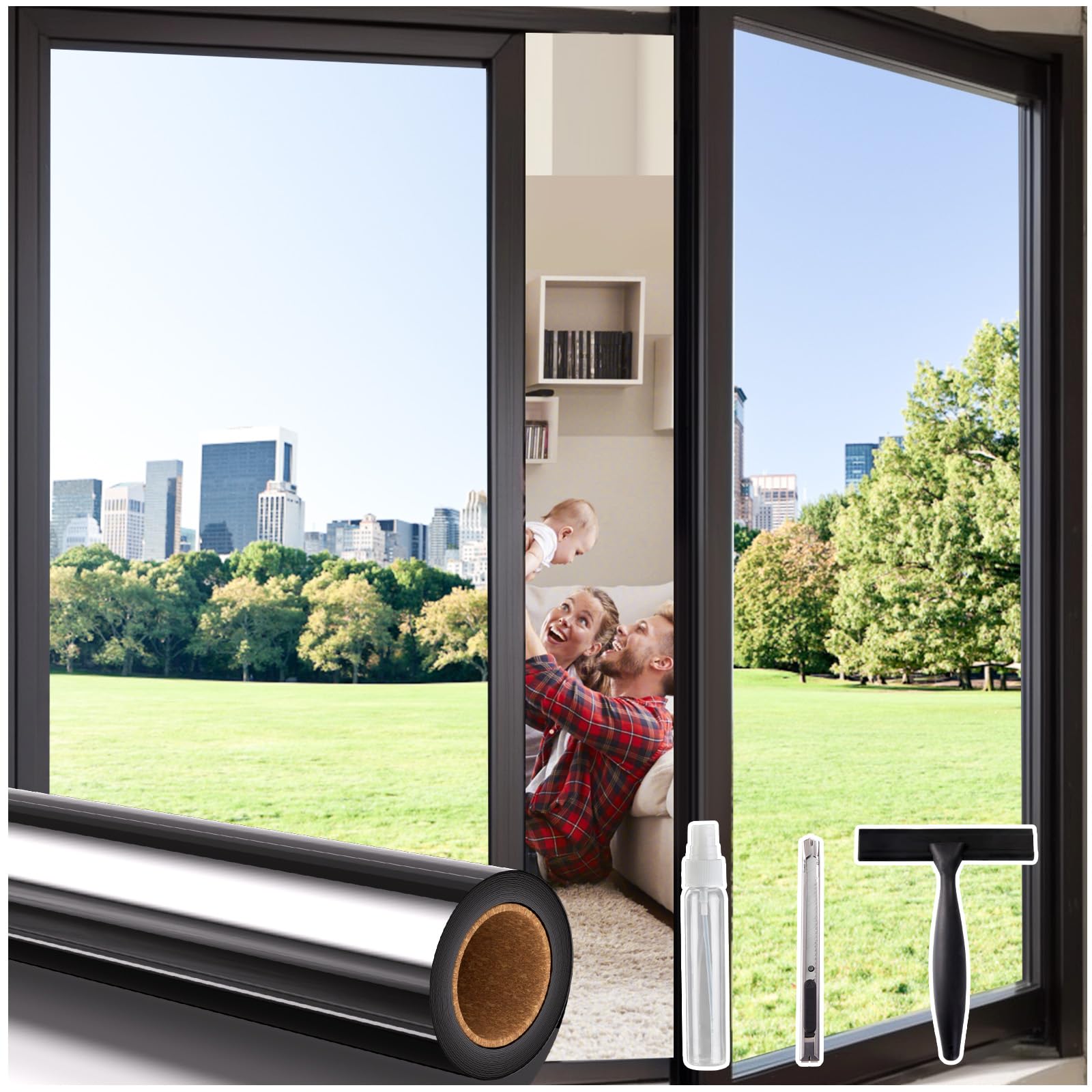 Coavas One Way Privacy Window Film - Reflective Mirror Tint for Home & Office, Sun Blocking & UV Protection, Self-Adhesive Window Cling (23.6x157.5in) - Perfect for Bedroom, Bathroom & Glass Doors Privacy