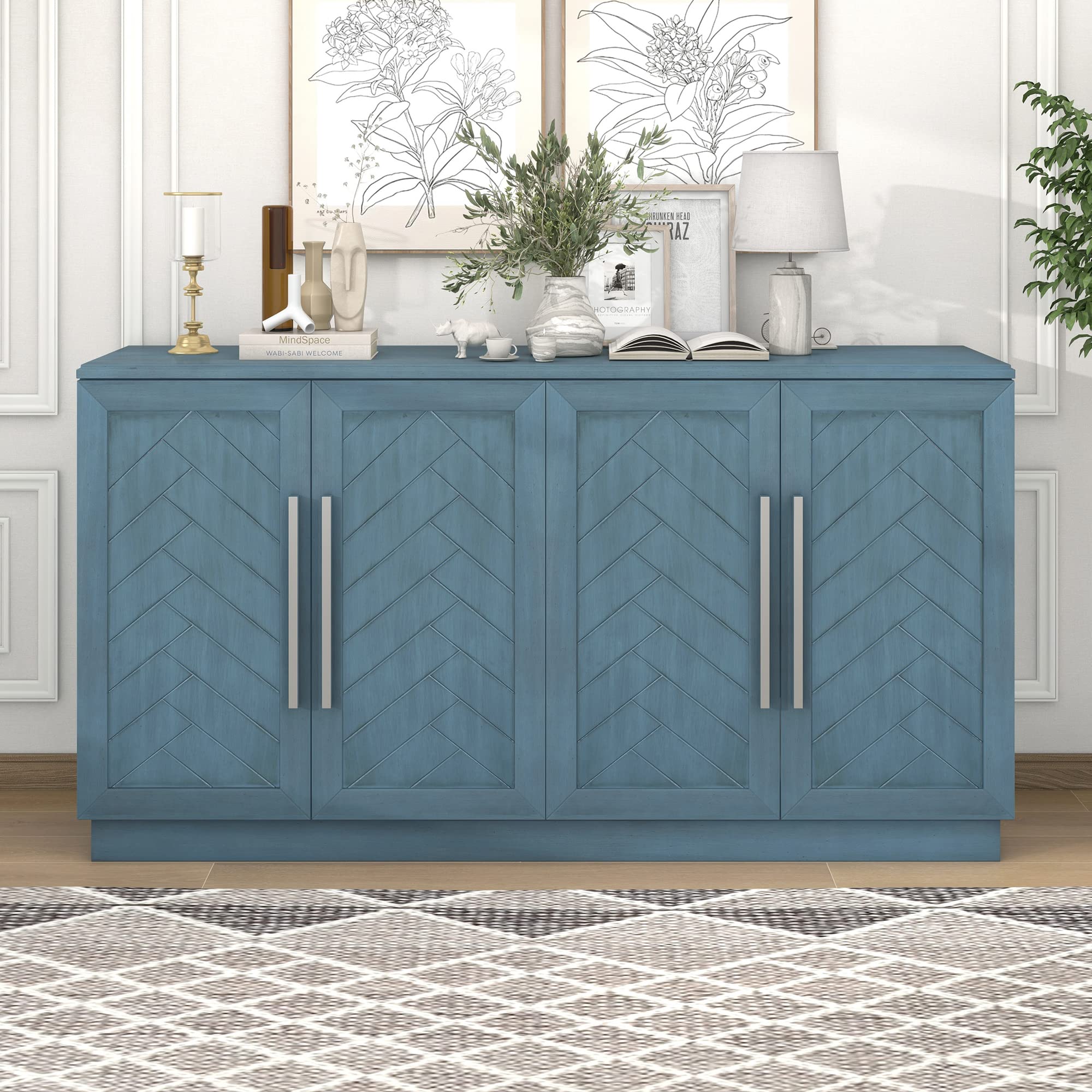 Modern Buffet Sideboard Storage Cabinet with 4 Doors & 4 Adjustable Shelves - Entryway Hallway Console Table, Coffee Bar Cabinet (Antique Blue) - Perfect for Dining Room Storage, Living Room Organization & Kitchen Coffee Station