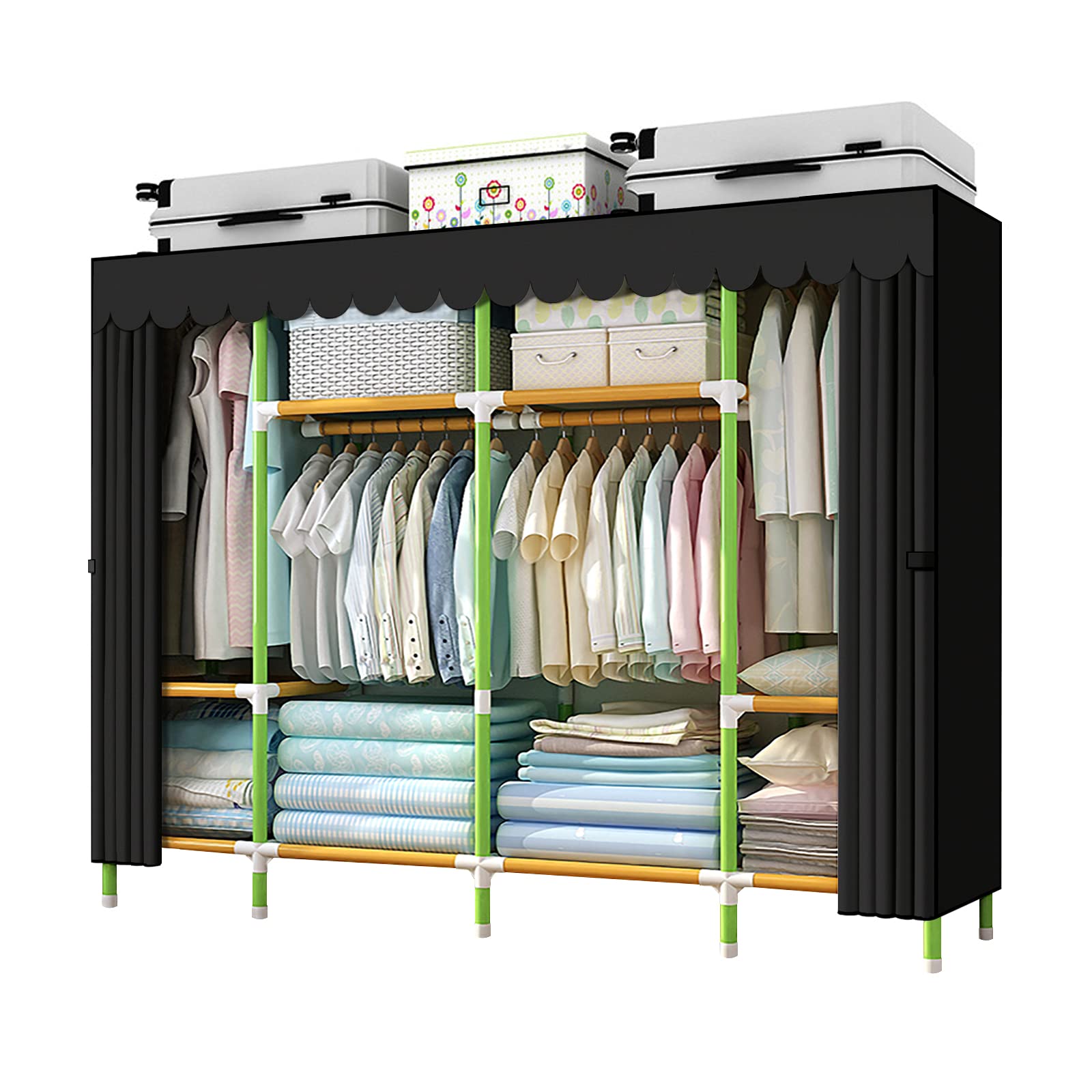 YOUUD 79 Inches Portable Wardrobe Closet with 4 Hanging Rods - Heavy Duty Clothes Storage Organizer with 25mm Colored Iron Tubes & Black Cover | Extra Sturdy & Durable for Bedroom, Closet, Dorm, RV, Camping & Travel