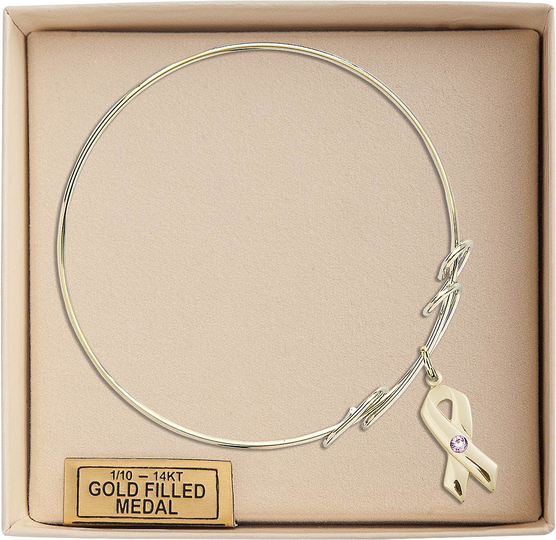 8 Inch Round Double Loop Bangle Bracelet with Cancer Awareness Charm & Light Purple Crystals - Elegant Jewelry Gift for Women, Support Breast Cancer Awareness, Perfect for Charity Events, Weddings & Everyday Wear