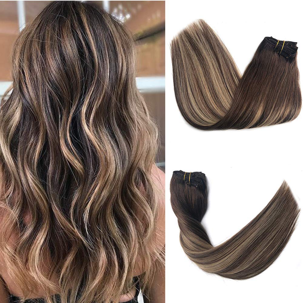 Balayage Straight Clip-in Human Hair Extensions #4 Medium Brown to #24 Medium Auburn - 100G 8pcs Double Weft Remy Hair - 100% Real Human Hair Silky Straight 14