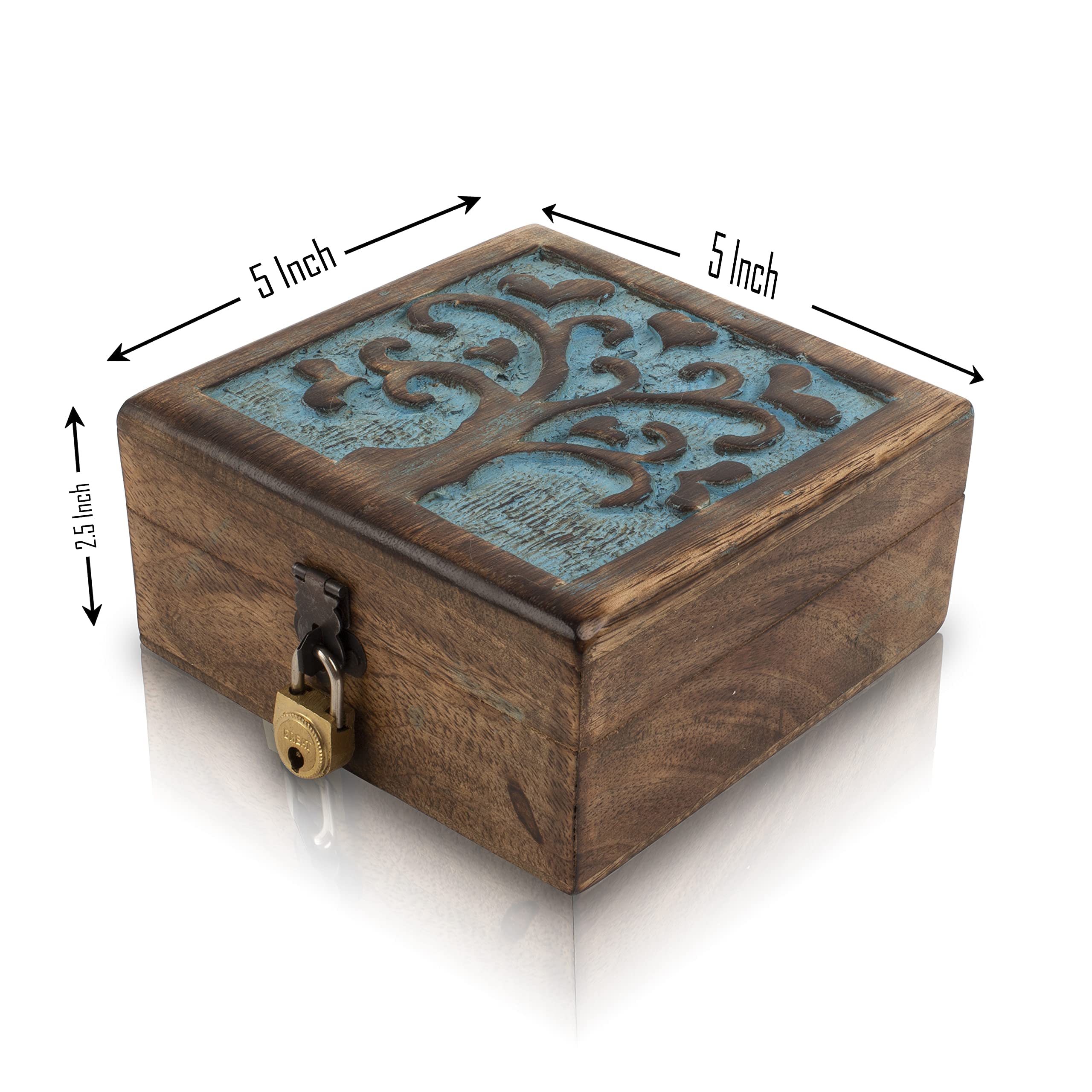 Handmade Wooden Jewelry Box with Tree of Life Carving - Lockable Keepsake Storage Organizer for Necklaces, Rings & Watches | Perfect Birthday Gift, Anniversary Present & Home Decor Accessory