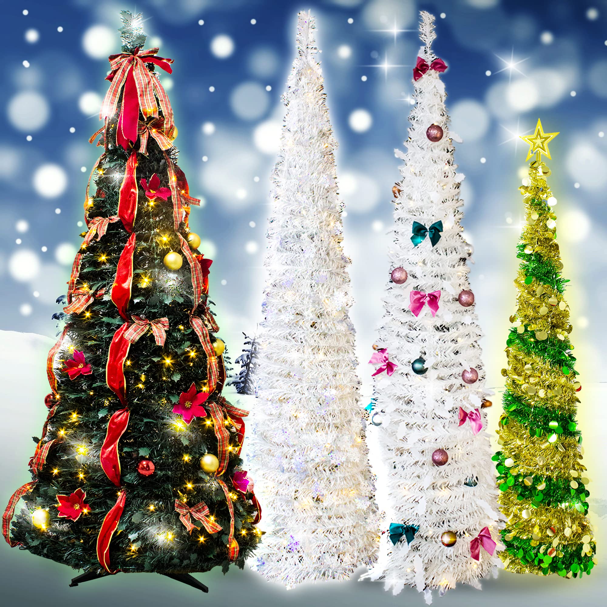 6FT Pre-Lit Pop-Up Christmas Tree with Red Ribbon Bow & Sparkling Ball Ornaments - Indoor/Outdoor Artificial Holiday Decor for Living Room, Porch, Office & Party Decorations
