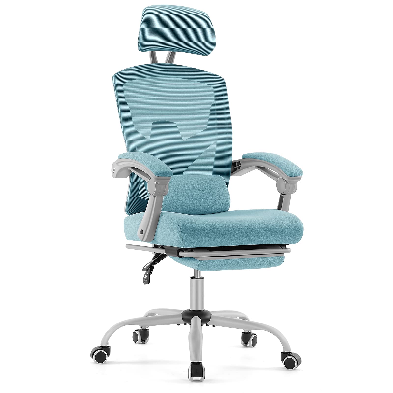 Ergonomic Home Office Chair with High Back, Adjustable Headrest & Lumbar Support - Executive Mesh Computer Chair with Retractable Footrest & Armrests (Blue) - Perfect for Long Work Hours, Gaming & Remote Work Setup