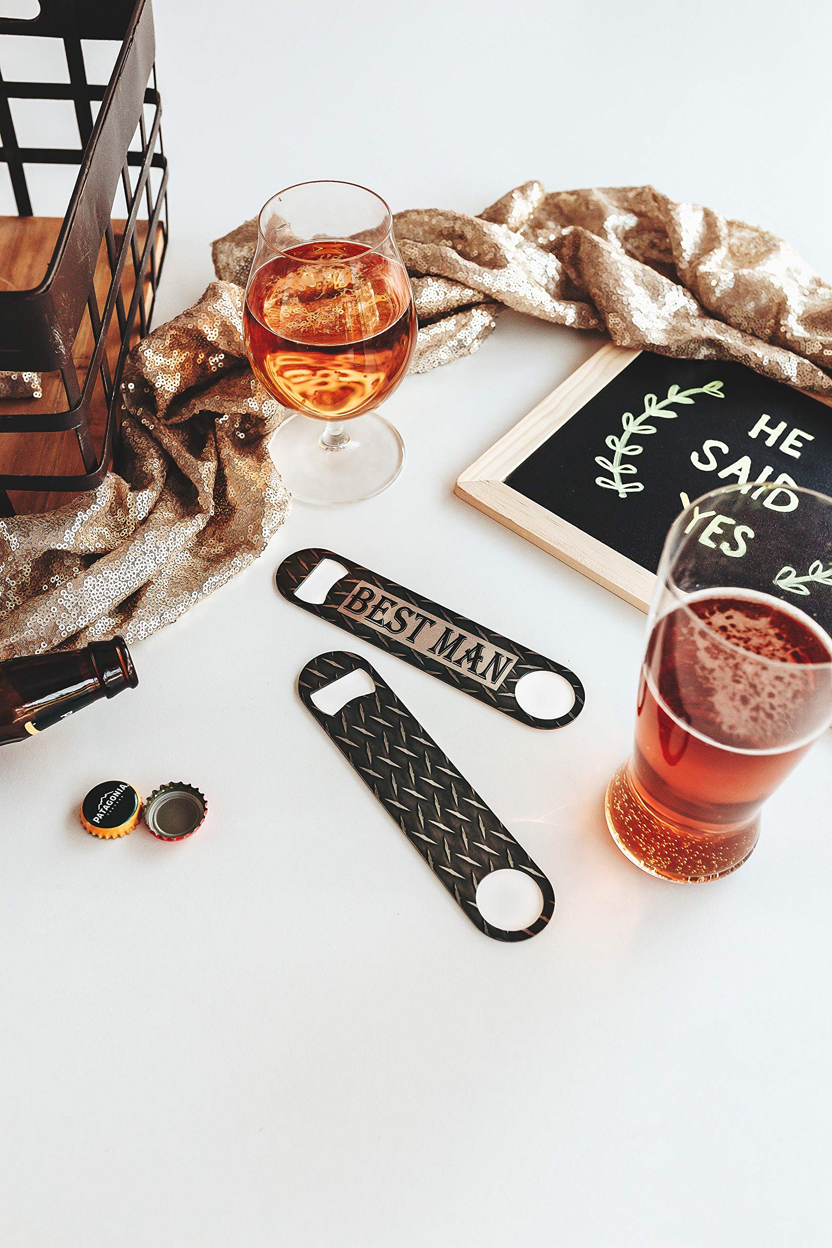 Premium Metal Bottle Opener - Unique Groomsmen & Best Man Proposal Gift for Weddings - Engraved Diamond Plate Design by Daisy Lane - Perfect for Bachelor Parties, Wedding Receptions & Man Cave Decor