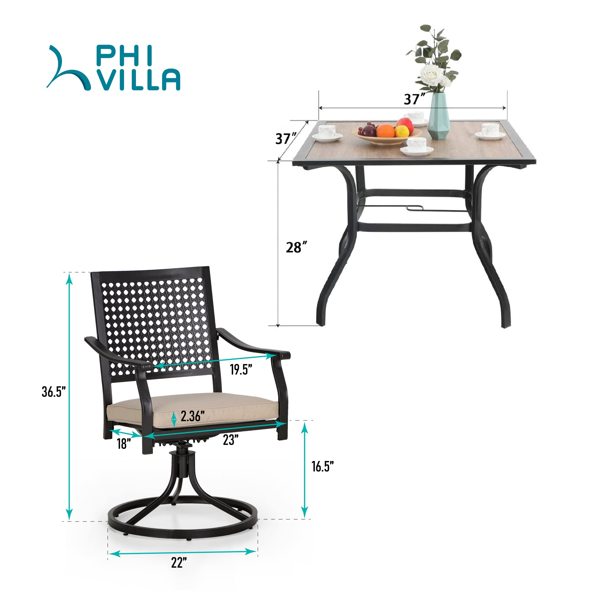PHI VILLA 5-Piece Outdoor Patio Dining Set with Swivel Chairs & Wood-Like Table - Includes Cushions & Umbrella Hole - Perfect for Backyard, Garden, Bistro & Poolside Dining