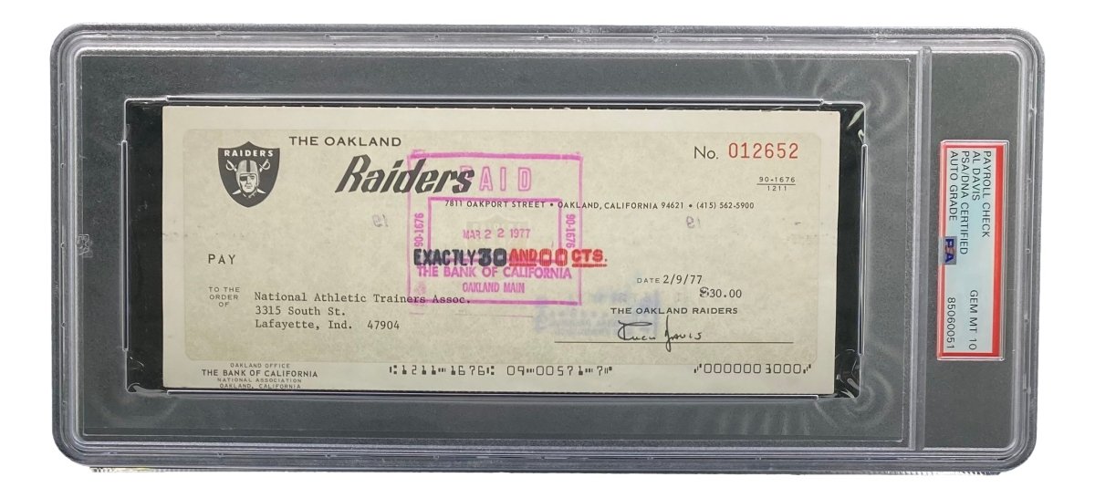 Authentic Al Davis Signed Oakland Raiders Bank Check #12652 PSA/DNA Gem MT 10 - Perfect for NFL Memorabilia Collectors & Raiders Fans Display