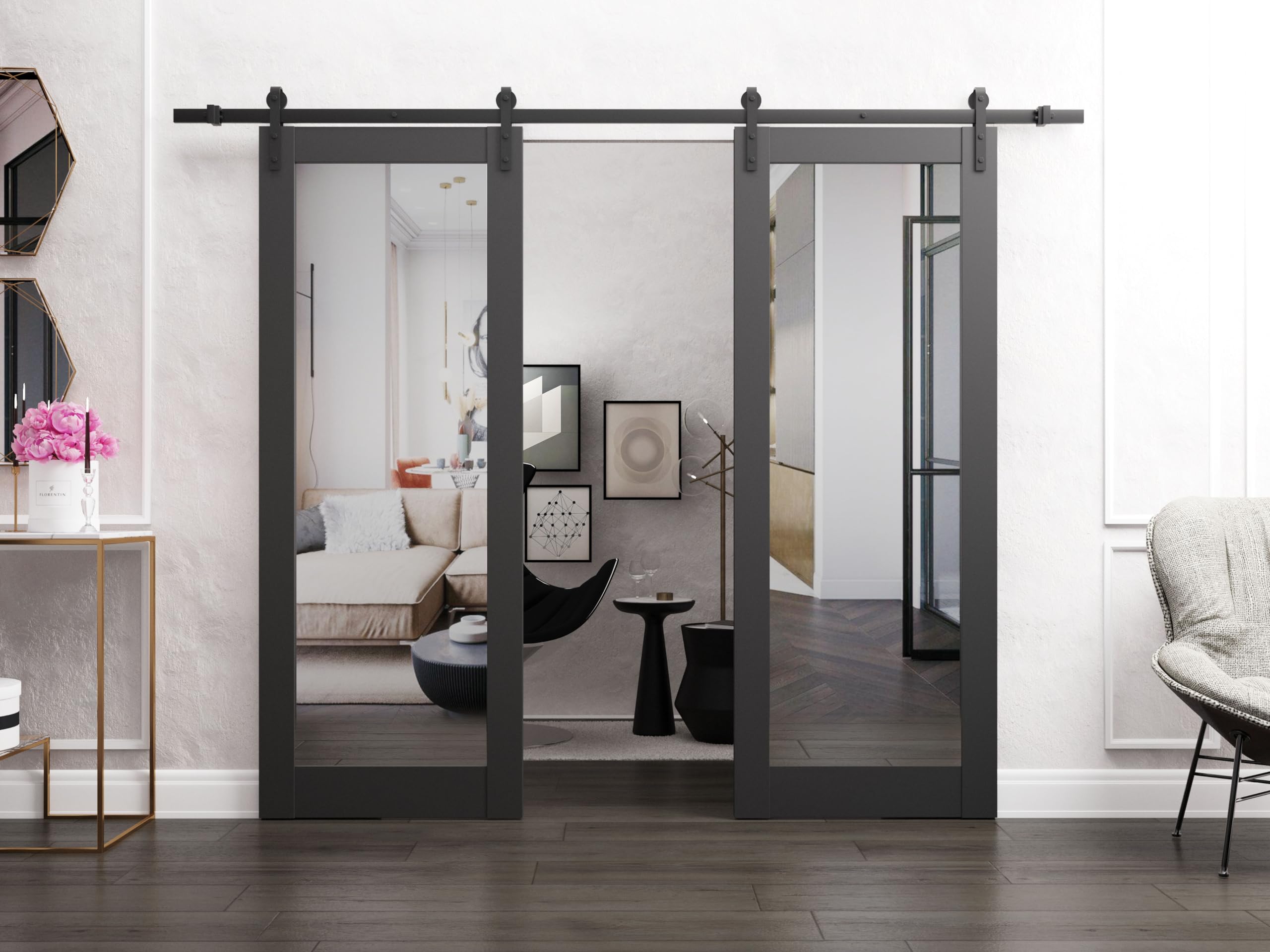 SARTODOORS - 48x84 Inch Solid Wood Double Barn Door with Mirror | Matte Black Finish | Heavy Duty 13FT Rail & Hangers | Rustic Interior Sliding Doors for Bedroom, Closet & Home Office