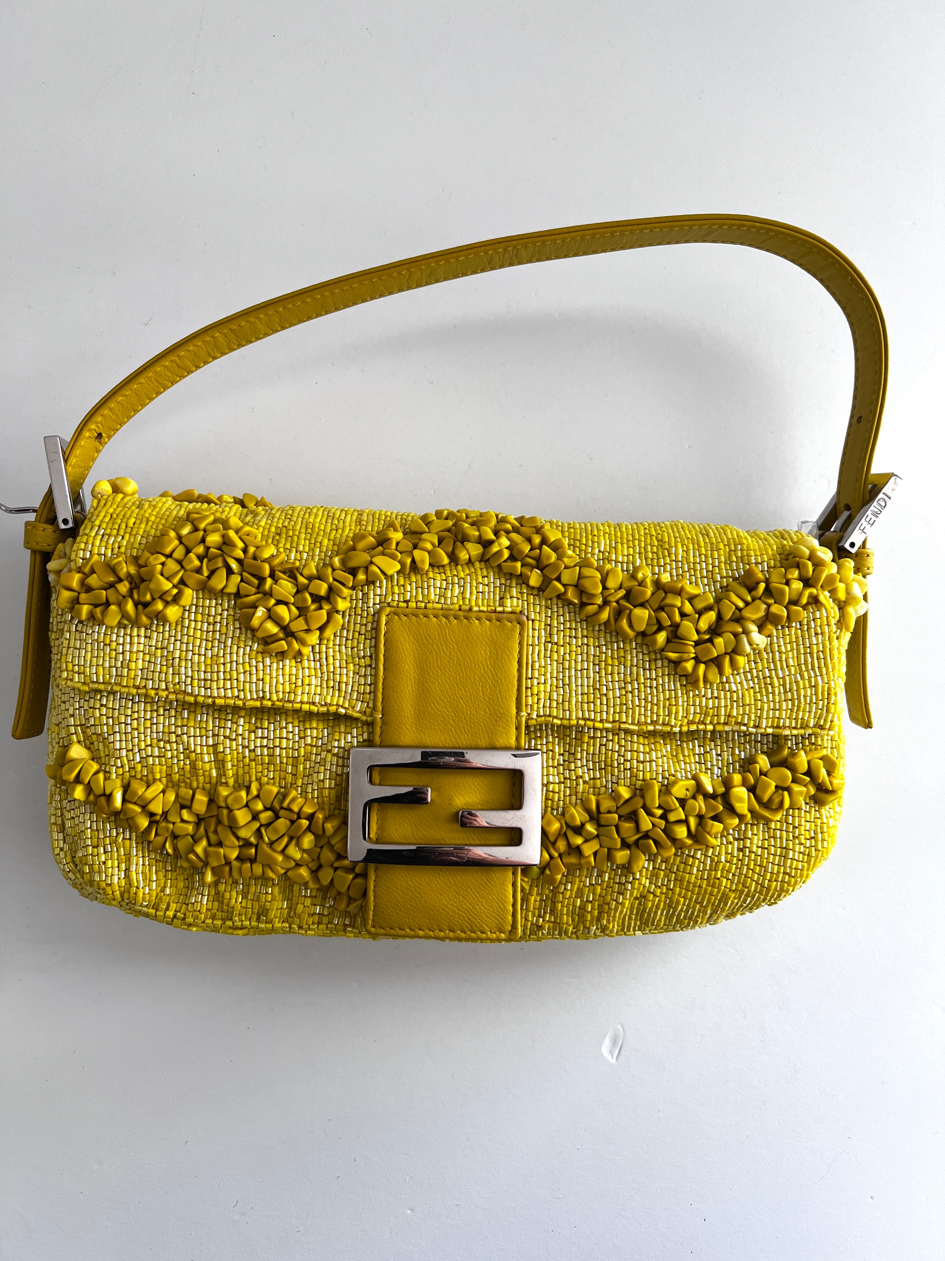 Vintage Fendi Yellow Beaded Baguette Bag - Luxury Designer Handbag for Women | Perfect for Evening Parties, Weddings & Special Occasions