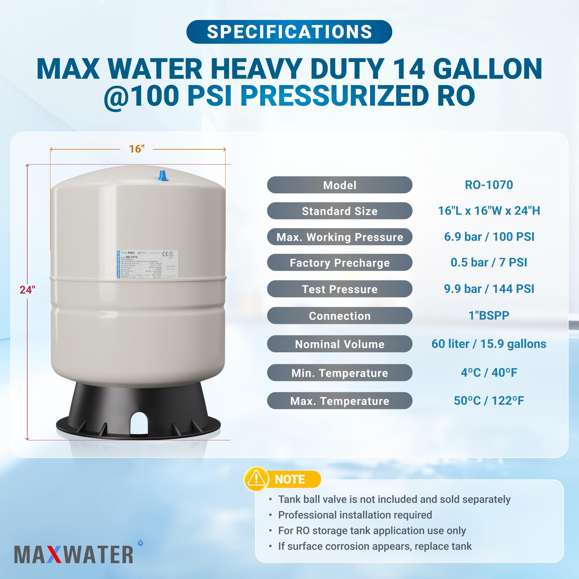 14 Gallon Max Water Reverse Osmosis Storage Tank with Pre-Pressurized System - Perfect for Home, Office & RV Water Filtration Needs