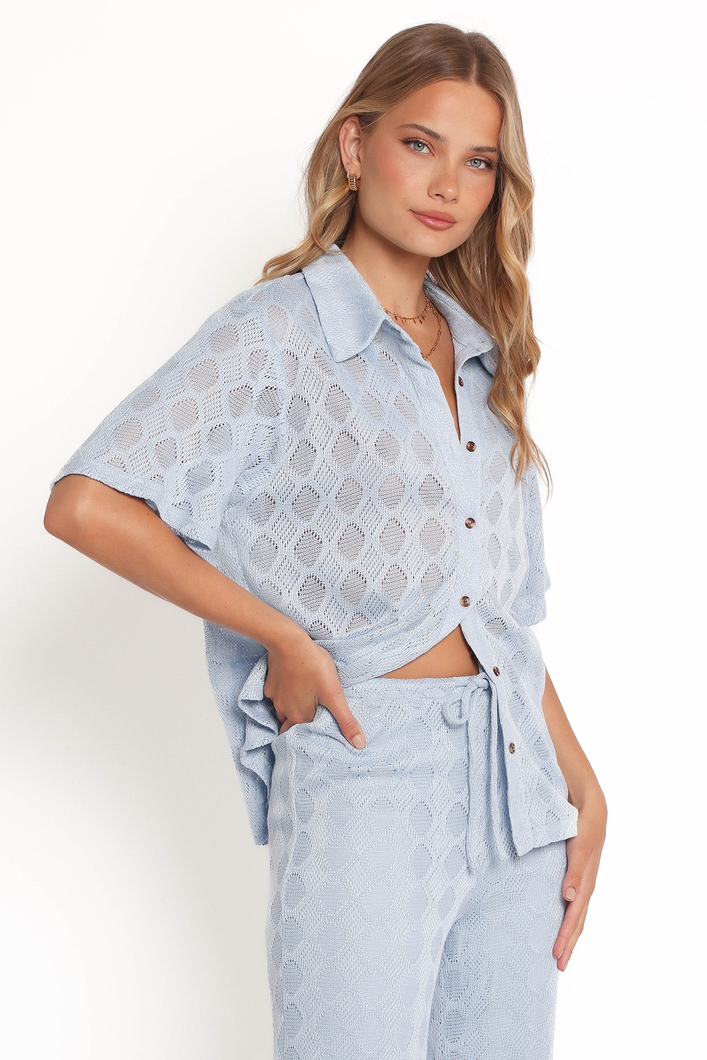 Stylish Cora Knit Shirt for Women - Soft Blue Cotton Top - Perfect for Casual Outings & Office Wear