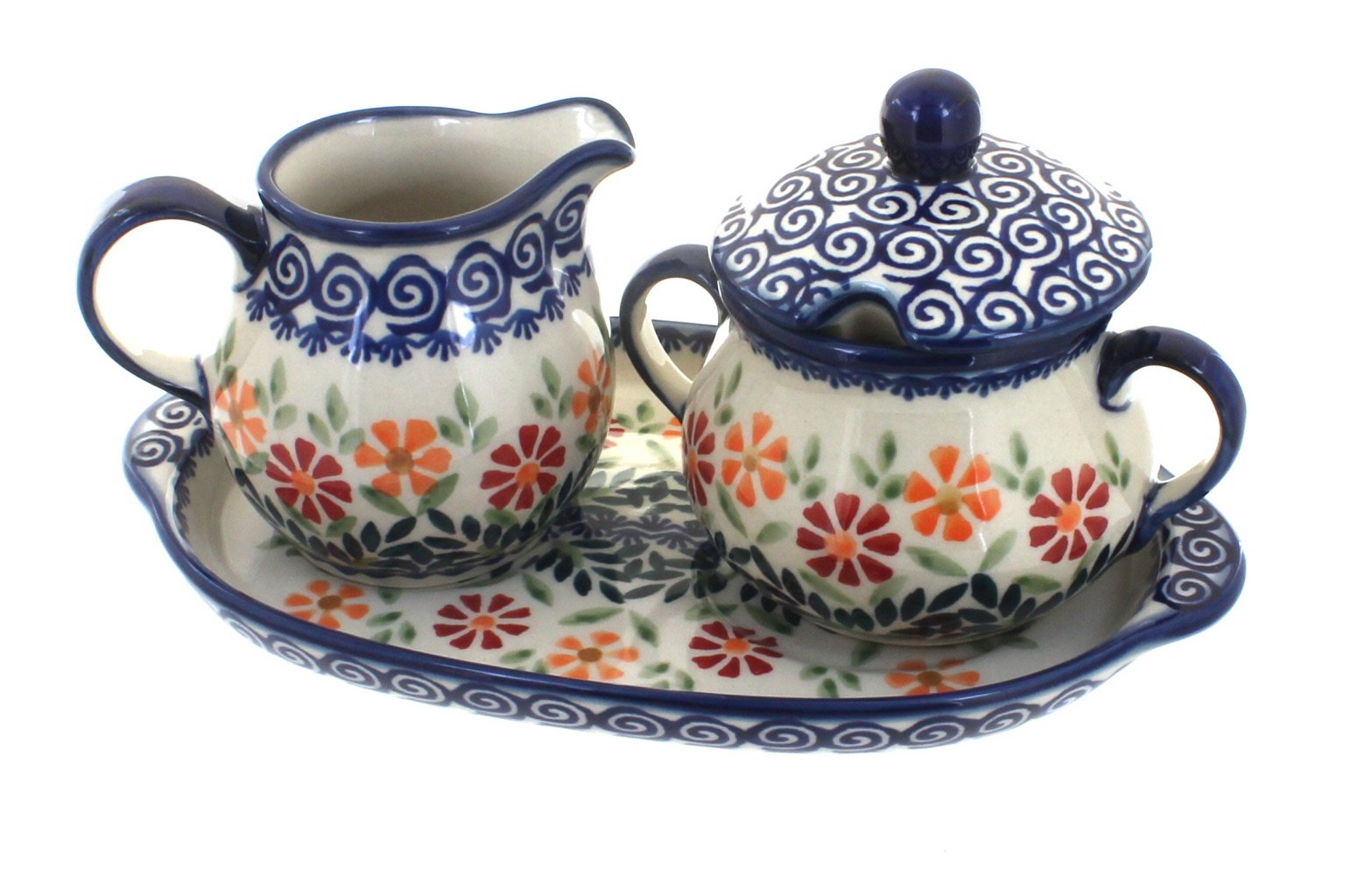 Blue Rose Polish Pottery Sugar Bowl and Creamer Set with Serving Tray - Elegant Floral Tea Coffee Accessories for Garden Parties, Afternoon Tea, and Home Decor