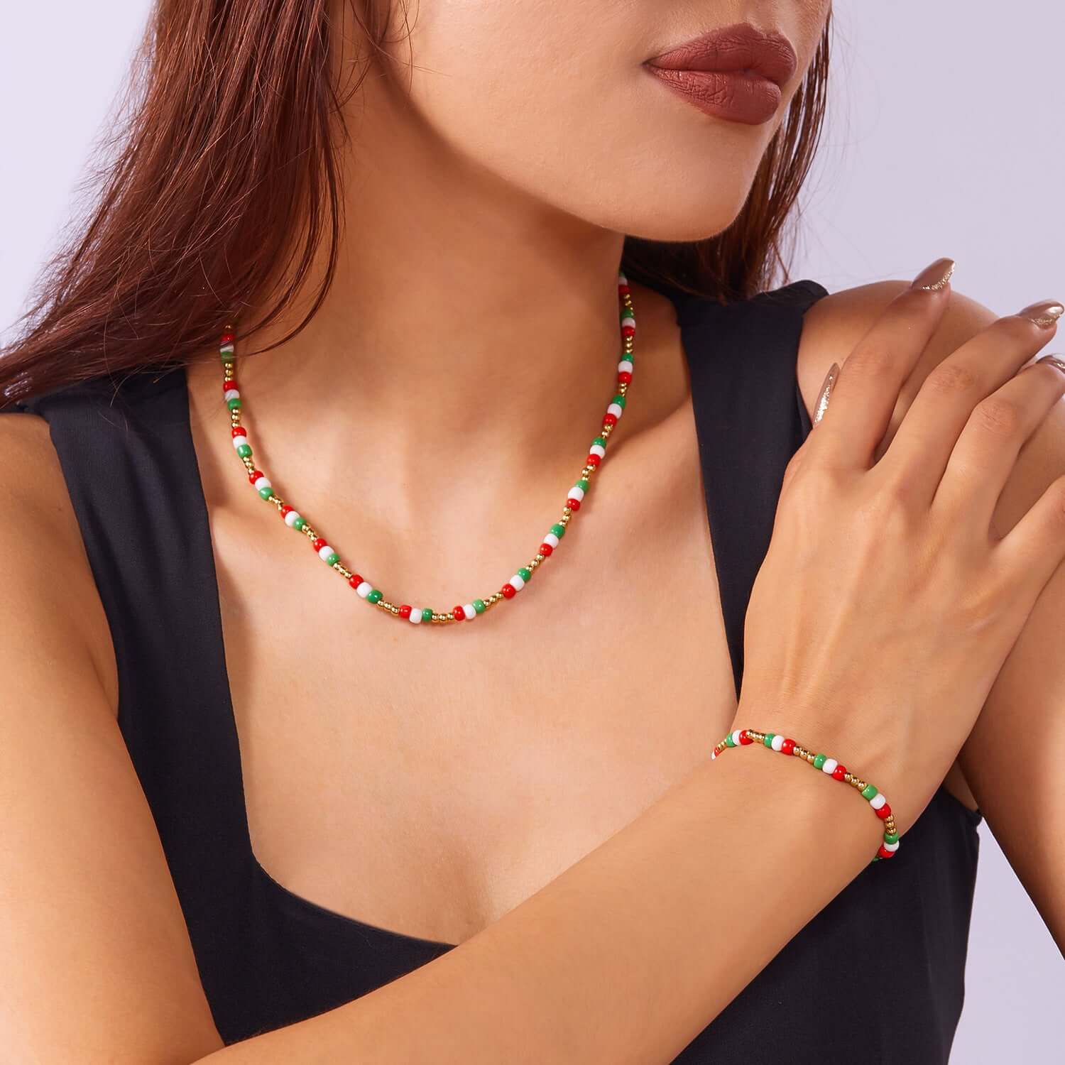Vibrant Red Green Rainbow Seed Beads Christmas Jewelry Set - Choker Necklace & Bracelet | NC427 | Perfect for Holiday Parties, Gift Giving & Festive Outfits