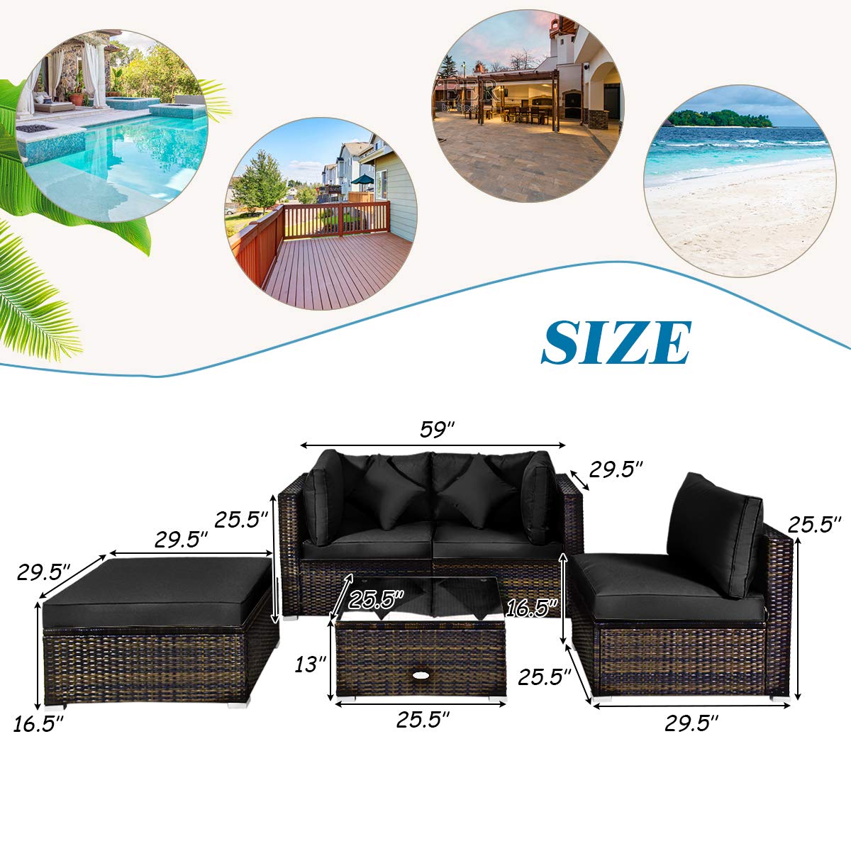 **Tangkula 5-Piece Patio Rattan Furniture Set - Outdoor Sectional Sofa with Cushions & Tempered Glass Table - Wicker Conversation Set for Backyard, Porch, Poolside (Black) - Perfect for Relaxing & Entertaining Outdoors**