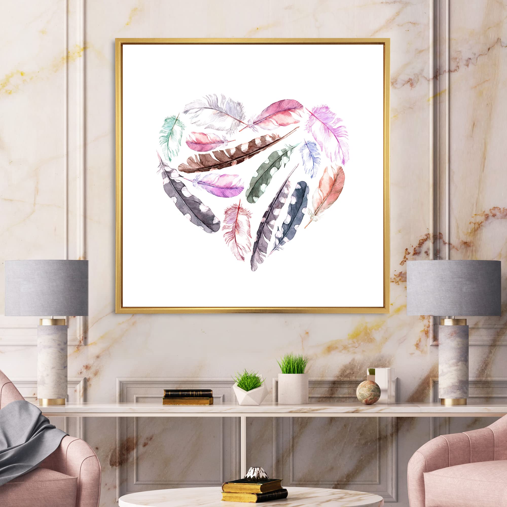 DesignQ Retro Heart with Pink Bird Feathers - Bohemian & Eclectic Framed Canvas Wall Art Print - Perfect for Living Room, Bedroom & Boho Home Decor
