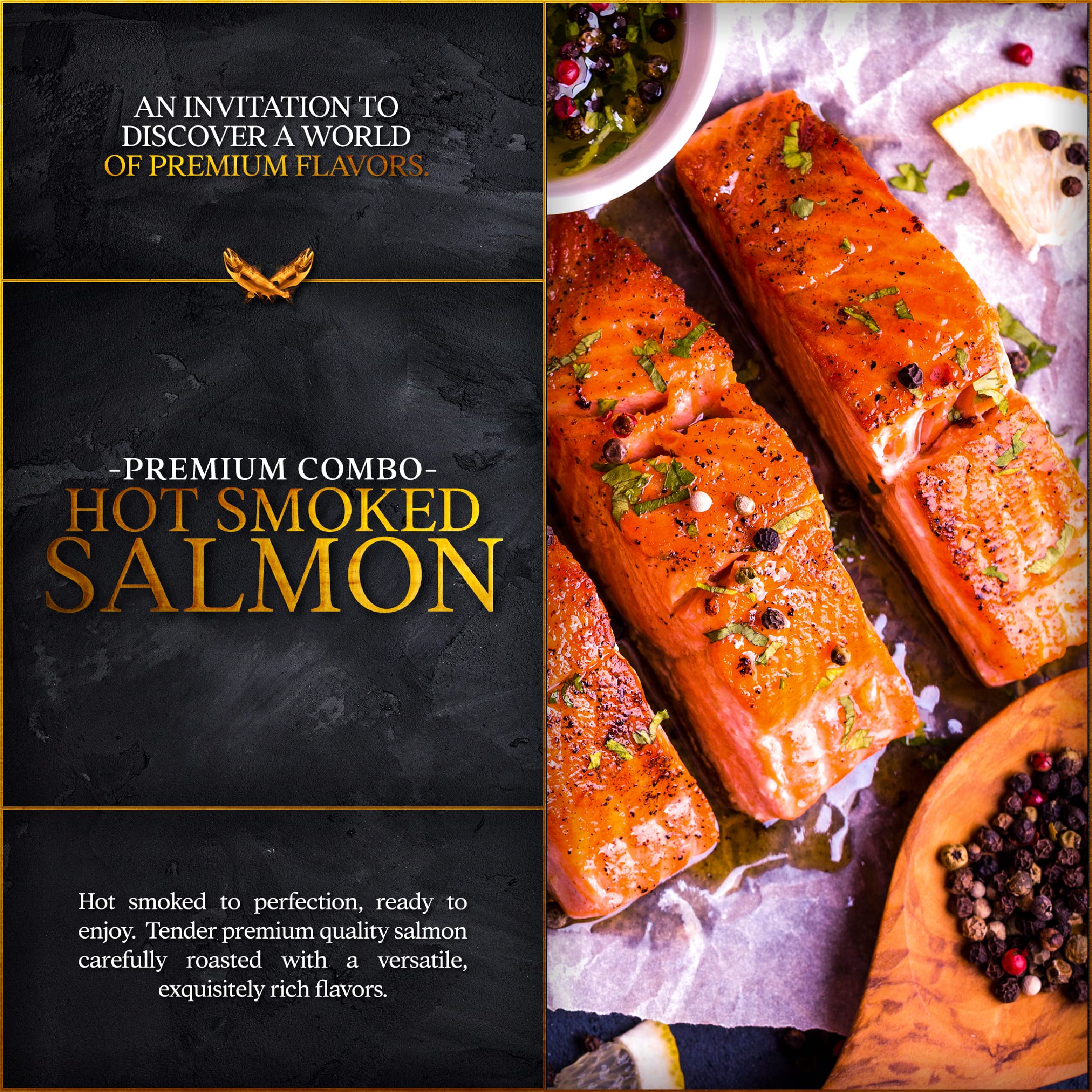 Premium Hot Smoked Norwegian Salmon - 5 Pack (4 Oz Each) with 2x Natural, 1x Black Pepper, 1x Jalapeno & 1x Garlic - Kosher OU Certified, Gluten Free, High Omega 3 - Ready to Eat Gourmet Seafood for Parties, Charcuterie Boards & Healthy Snacking