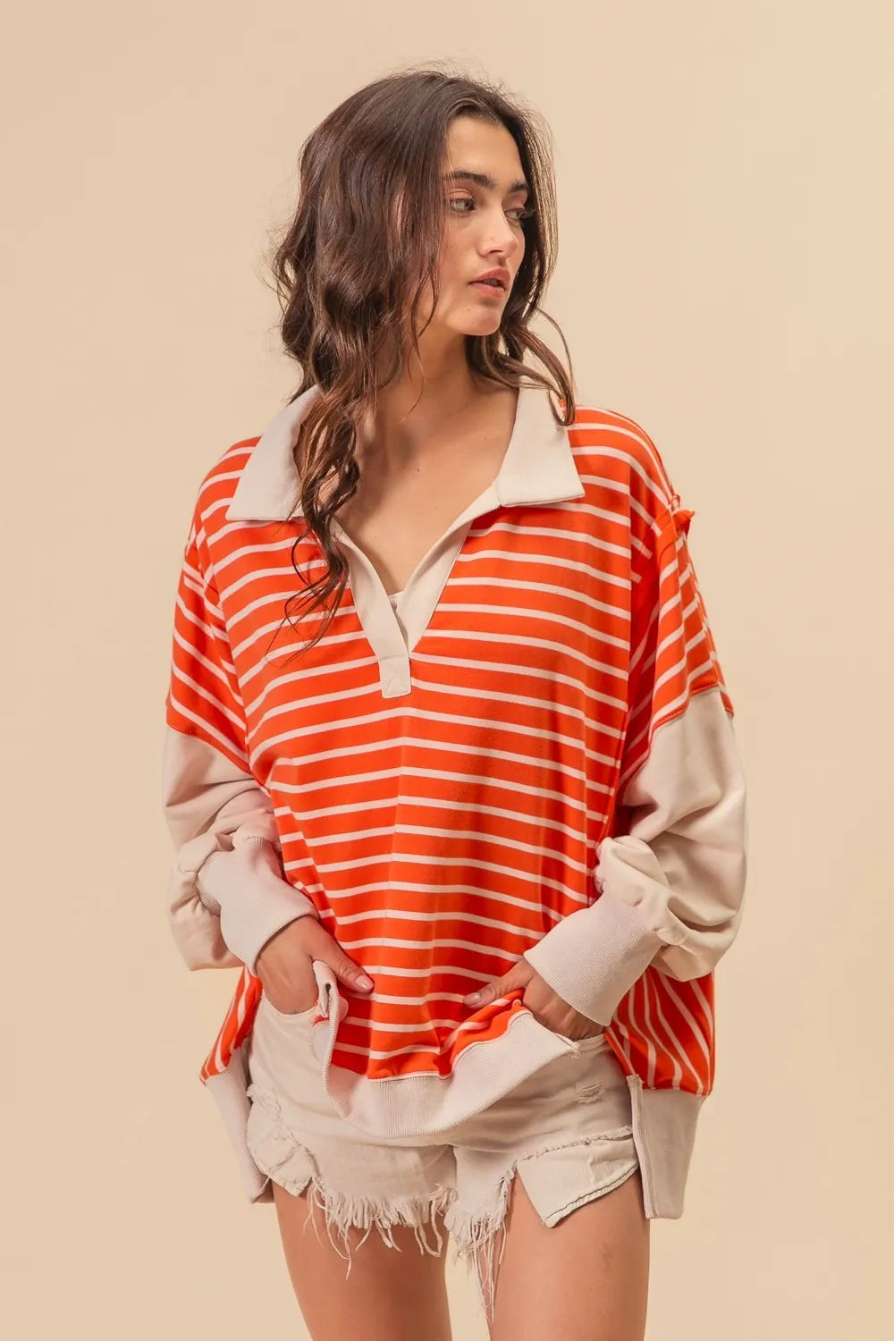 BiBi Stripe Knit Loose Fit T-Shirt with Cut Edge Detail - Casual Women's Top for Everyday Wear, Outings & Layering