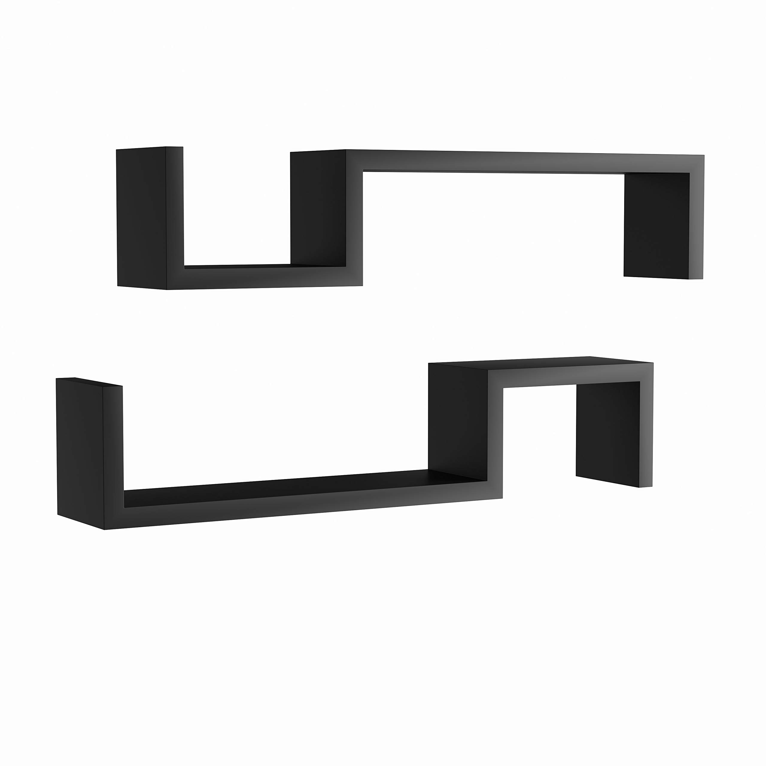 Black Angular S-Shaped Floating Shelves - Modern Wall Mounted Asymmetrical Decorative Shelves for Home & Office Decor - 22.5 Inch MDF Wood Shelving - Perfect for Living Room, Bedroom, Kitchen & Bathroom Organization