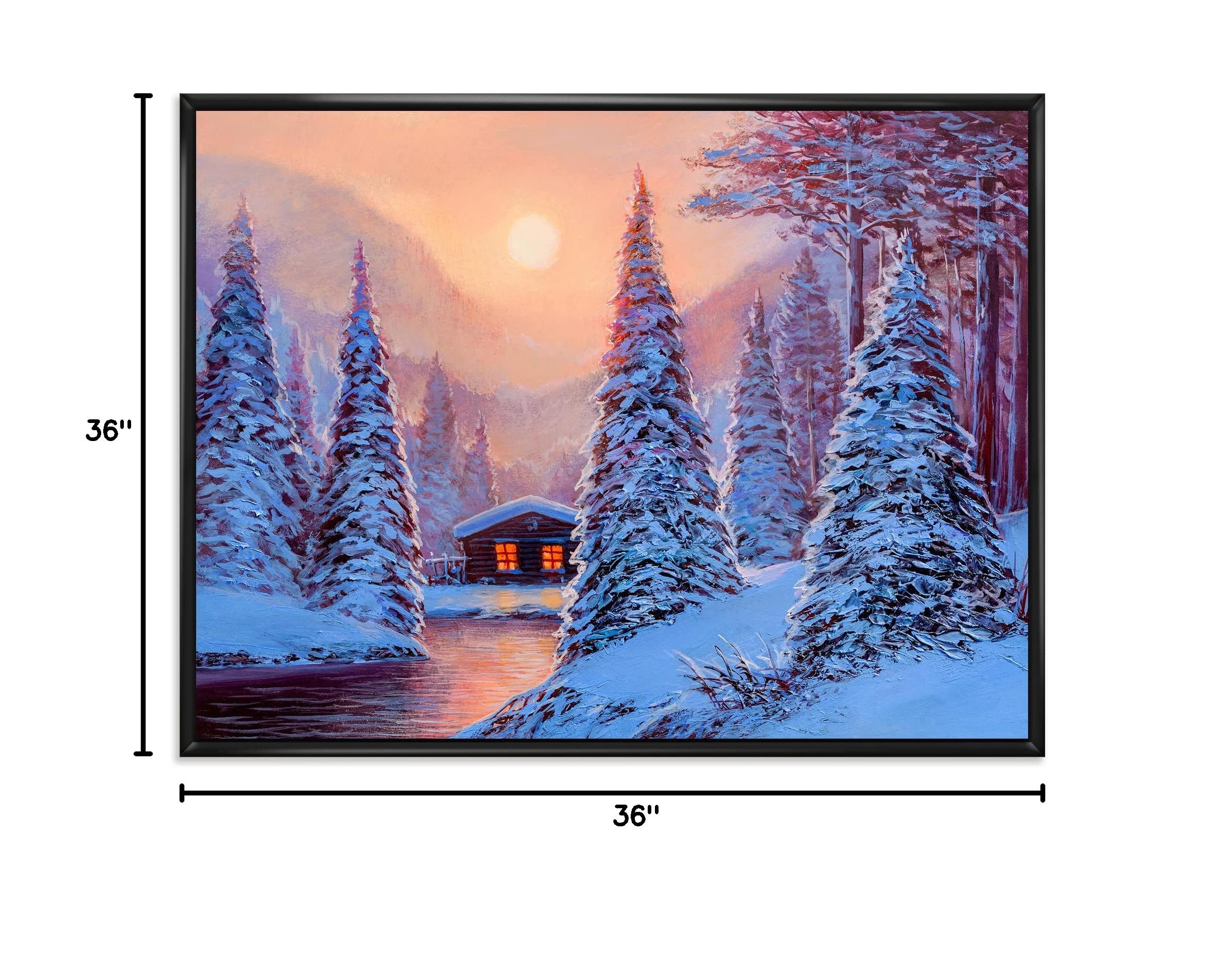 Winter Landscape & River House in the Woods Framed Canvas Wall Art Print - Lake House Decor for Living Room, Bedroom & Office