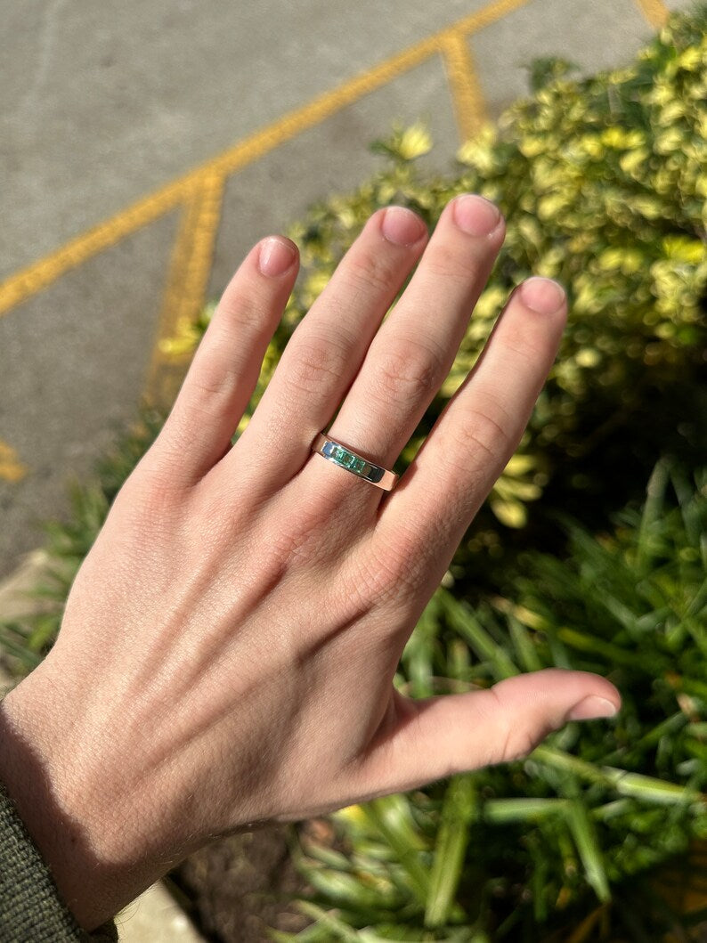 0.50tcw 3 Stone Natural Medium Dark Green Emerald Sterling Silver Ring for Men & Women | .925 Silver Unisex Middle Finger Ring | Perfect for Gifts, Weddings & Everyday Wear