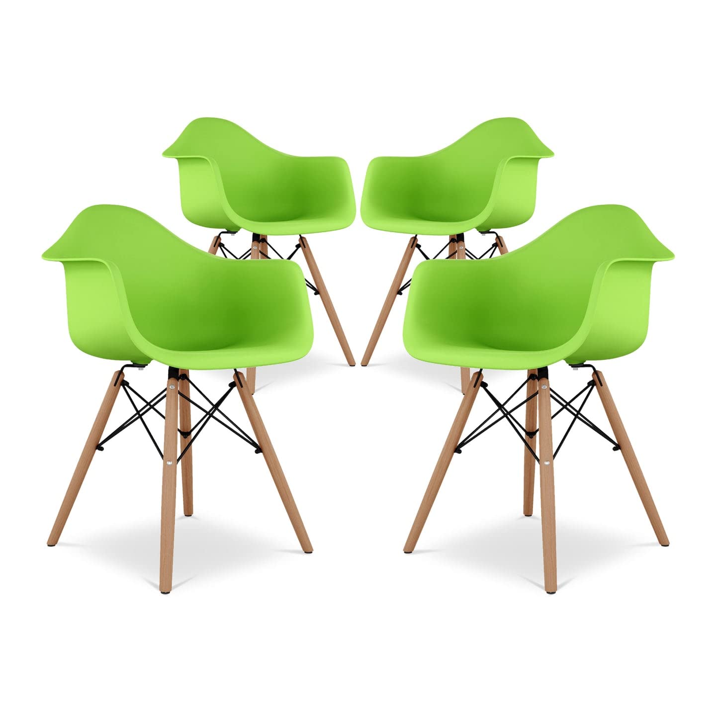 17.5 Inch Green Pyramid Plastic & Beech Wood Dining Chairs - Set of 4 Modern Stackable Armchairs for Kitchen, Dining Room, or Outdoor Patio