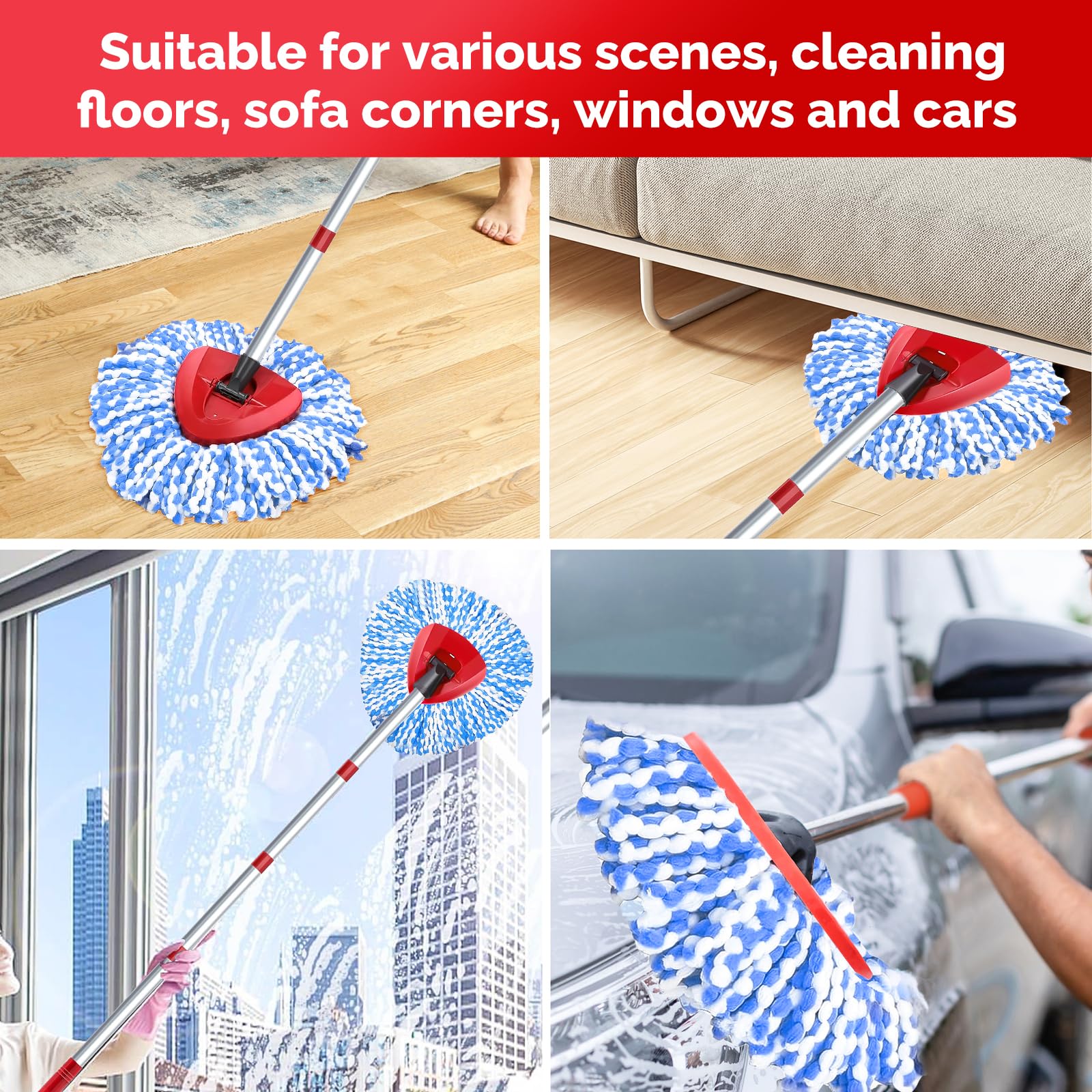 O Cedar RinseClean 2 Tank Spin Mop Replacement Head - 4 Microfiber Mop Refills + Handle & Base - Compatible with 30-58in Mop Sticks - Easy to Replace (Blue) - Perfect for Hardwood Floors, Tile & Kitchen Cleaning