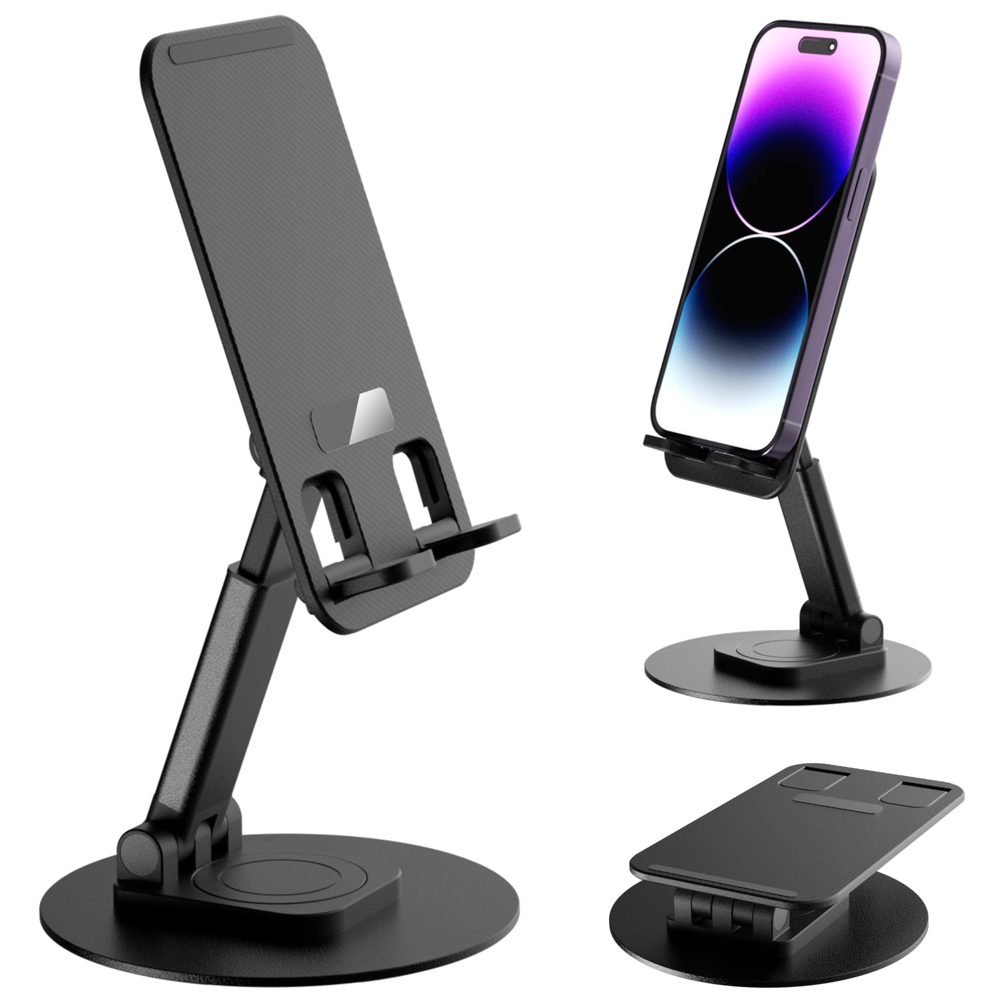 PZOZ 360° Rotating Phone Stand for Desk - Adjustable iPhone & Smartphone Holder for Video Recording, Live Streaming, and Hands-Free Viewing - Perfect for Home, Office, and Travel (Black)