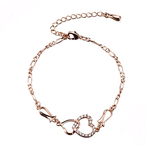 Double Heart Zircon Charm Anklet Bracelet for Women - Adjustable Rose Gold Rhinestone Foot Chain Jewelry, Perfect for Parties, Weddings & Beach Vacations