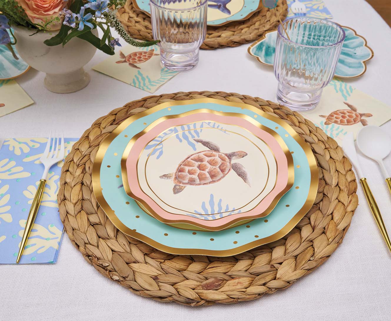 Pastel Sea Wavy Salad Plates Set of 8 - Colorful Melamine Dinnerware for Beach Party, Picnic, and Outdoor Dining