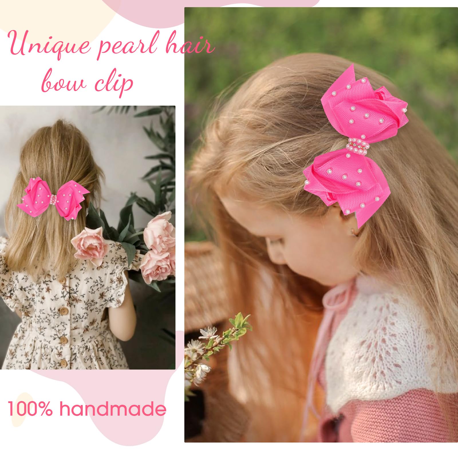 2Pcs Pearl Hair Bows for Girls - 4.5 Inch Grosgrain Ribbon Alligator Clip Hair Accessories for Toddlers, Kids & Baby - Perfect for Birthday Parties, Weddings & Special Occasions (Pink)