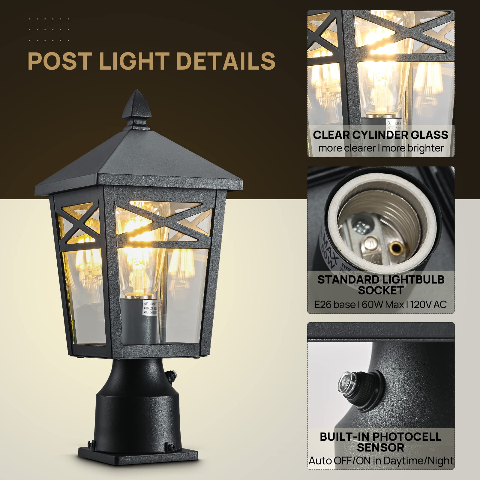 1-Light Dusk to Dawn Outdoor Post Light Fixture - Black Exterior Lamp with Clear Glass for Patio, Garden & Driveway Lighting | Weatherproof Post Light for Yard, Walkway & Landscape Illumination