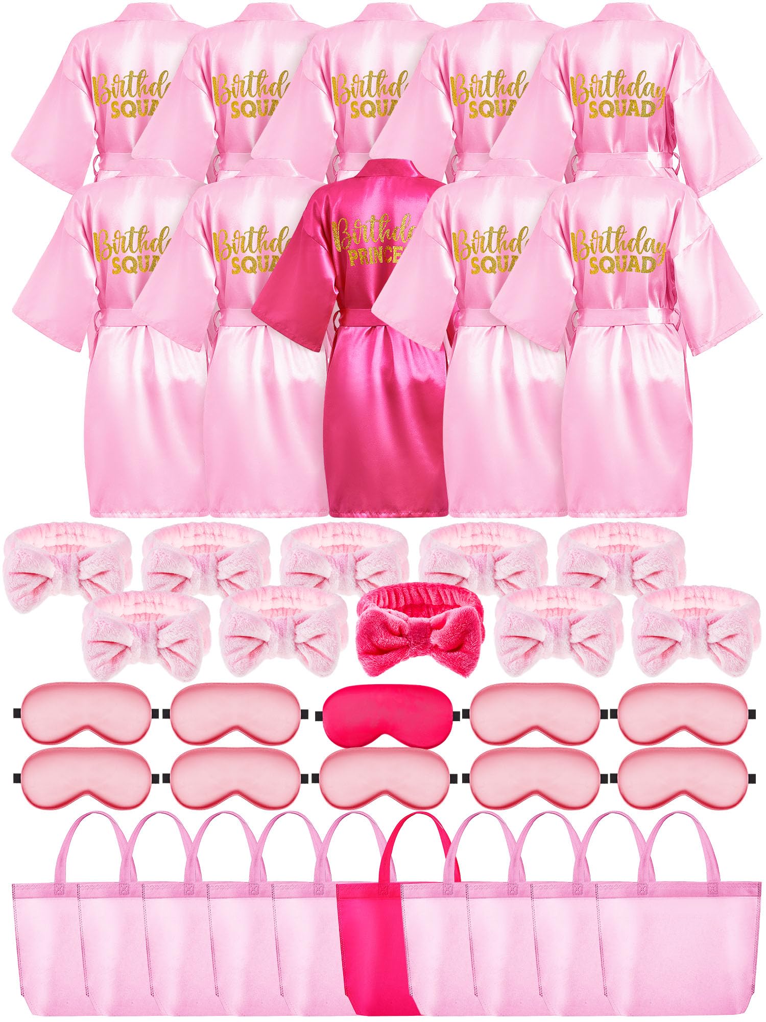 Bokon 40-Piece Girls Spa Party Kit - 10 Princess Robes, 10 Tote Bags, 10 Headbands & 10 Spa Masks for Birthday Celebrations & Sleepover Parties