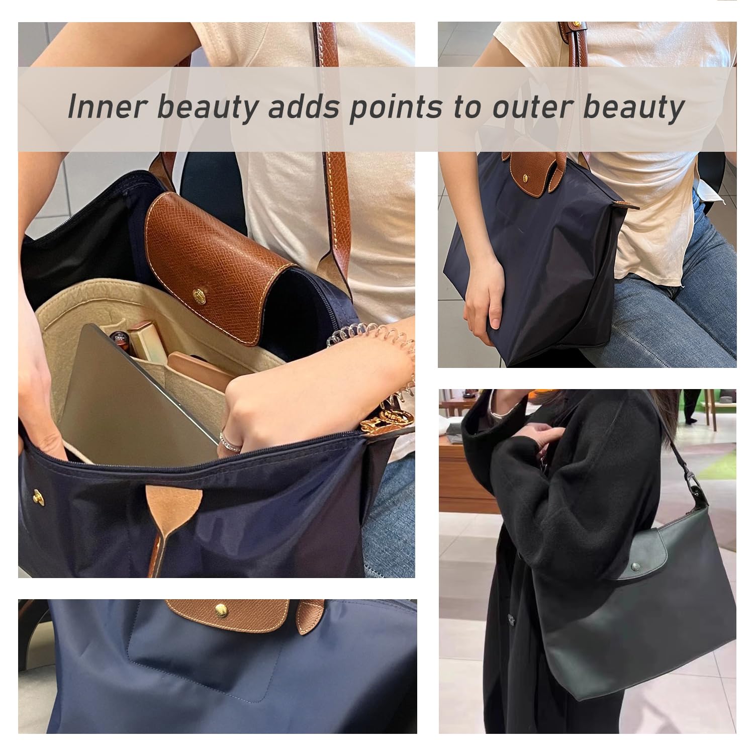 Luxury Felt Purse Organizer Insert for Longchamp - Medium Black Handbag Organizer with Divider Pockets & Zipper - Perfect for Travel, Work & Everyday Use