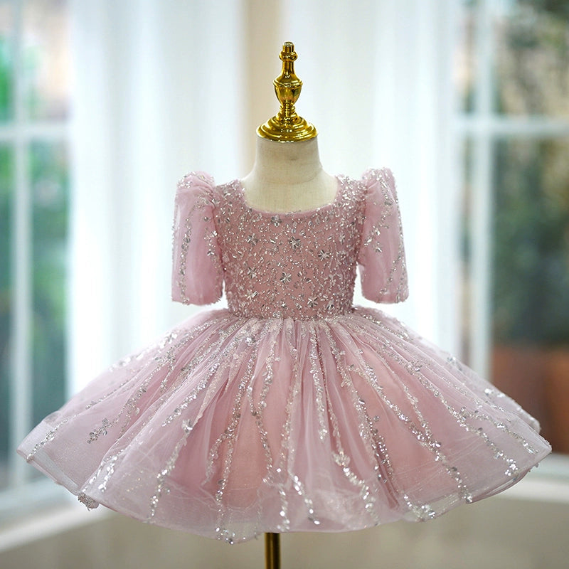 Elegant Pink Sequined Puff Sleeve Birthday Dress for Baby Girls - Toddler Ball Gown Party Outfit for Special Occasions & Photoshoots
