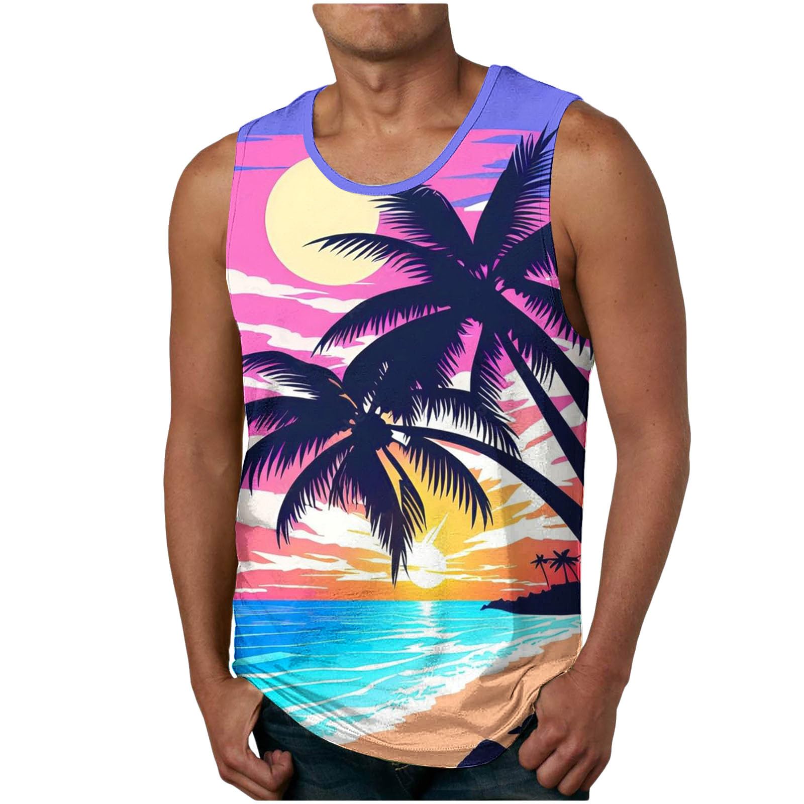 Wodceeke Men's Beach Tank Tops - 3D Hawaiian Graphic Sleeveless Tee Shirts for Summer, Gym Workout & Athletic Undershirt | Casual Wear, Vacation Outfits, Sports Activities