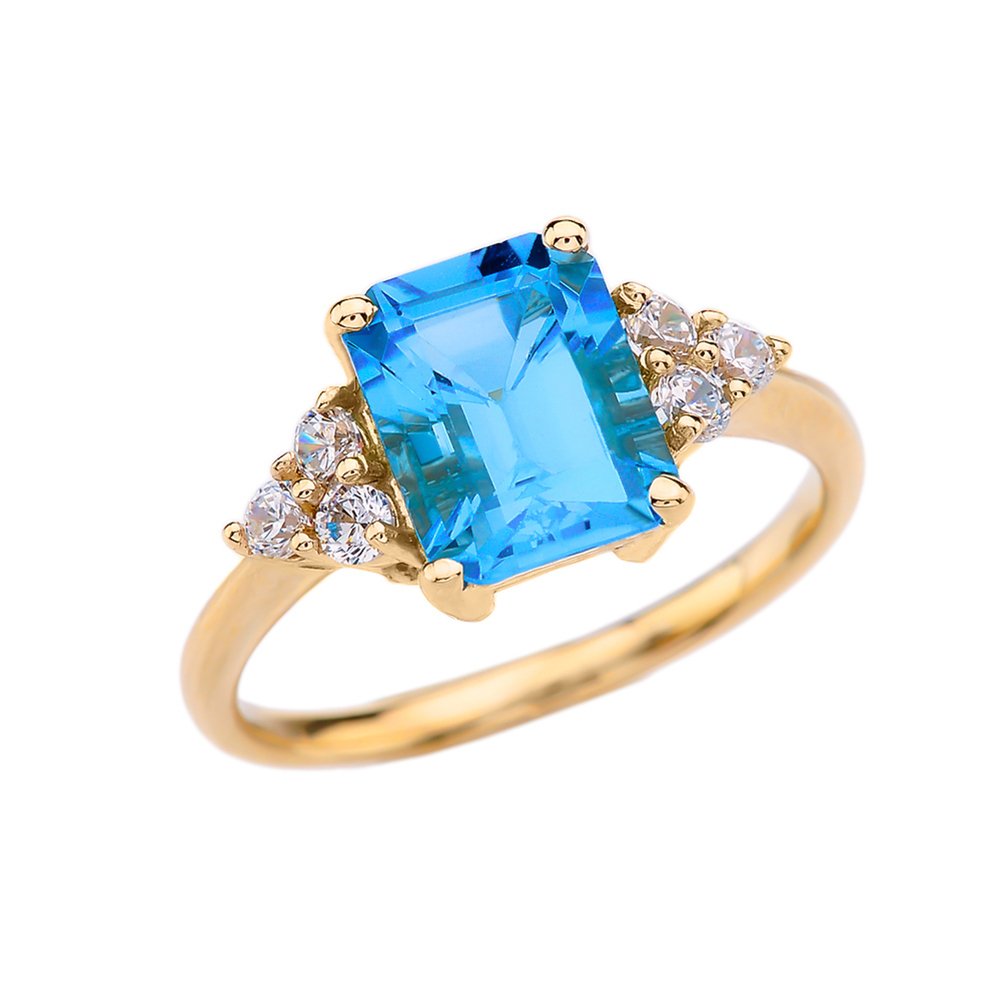10k Yellow Gold Emerald Cut Blue Topaz and White Topaz Promise Ring - Modern Contemporary Fine Jewelry for Proposal, Engagement, Anniversary & Special Occasions
