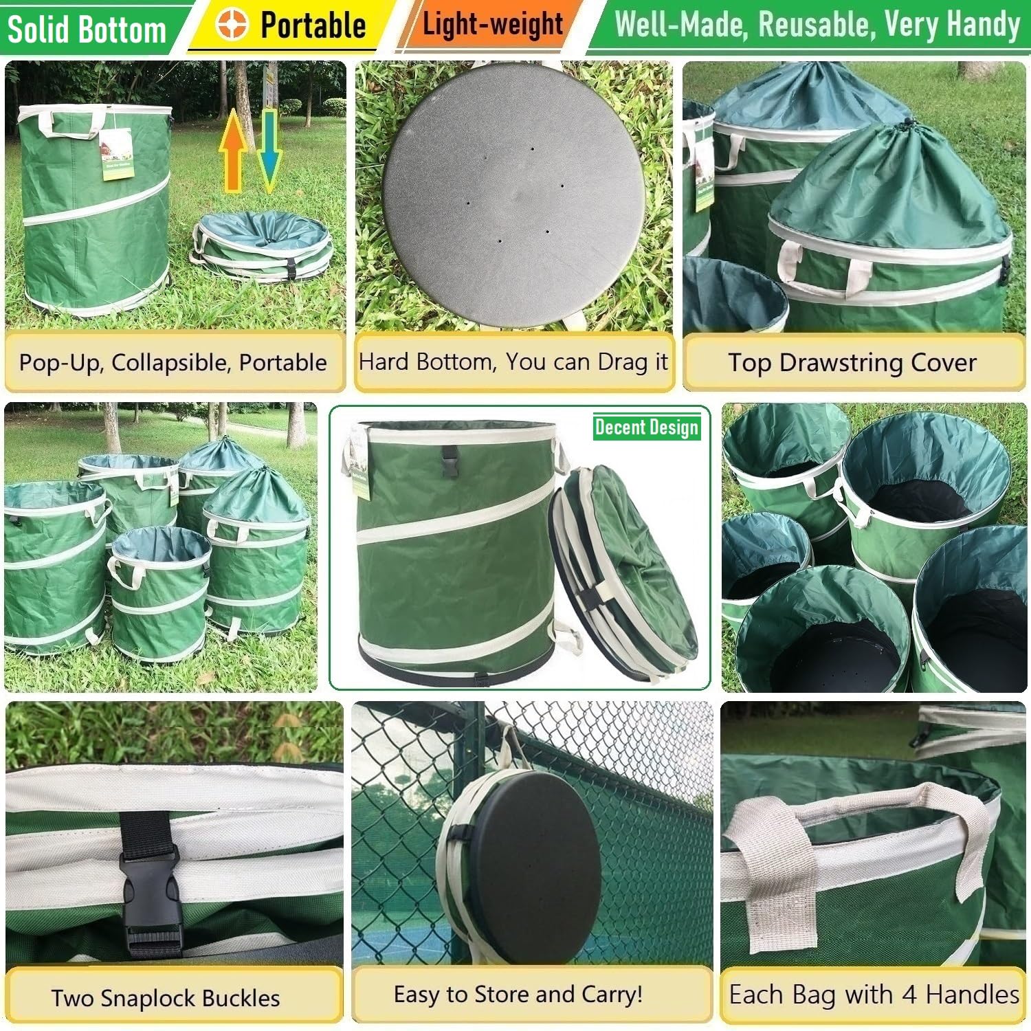 46-Gallon Collapsible Trash Can with Hard-Shell Bottom - 22x28 Inch Yard Waste Bag for Garden Debris, Recycling, Camping & Laundry | Heavy-Duty Collapsible Container with 4 Handles for Leaves, Grass Clippings & Outdoor Cleanup | Perfect for Backyard, Garage & RV Use