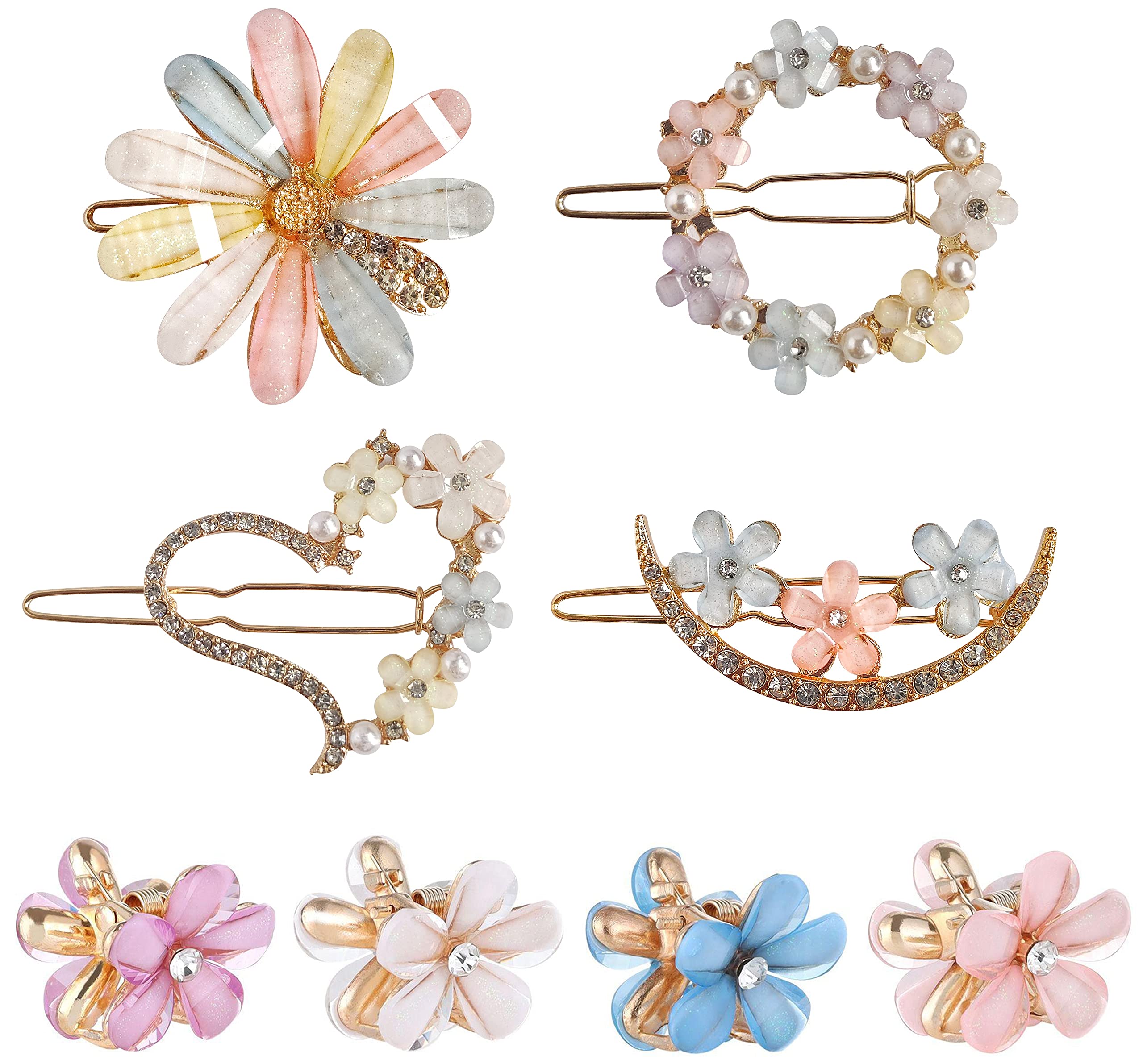 ANNACREATIONS Korean Style Gold Metal Pearl Geometric Stone Lock Hair Pins - 8 Pack Hair Clips for Women & Girls | Wedding, Party, Prom Hair Accessories