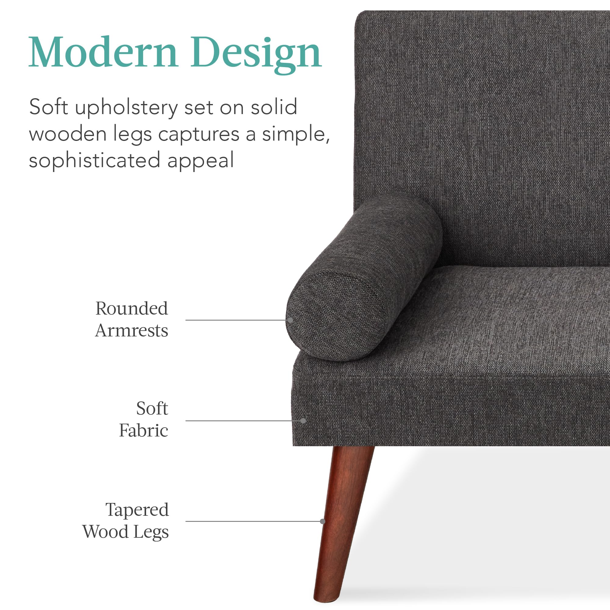 Best Choice Products Mid-Century Modern Upholstered Futon - Convertible Folding Sofa Bed with Rounded Armrests & 2 Cup Holders - Charcoal Grey - Perfect for Small Apartments, Guest Rooms & Home Offices