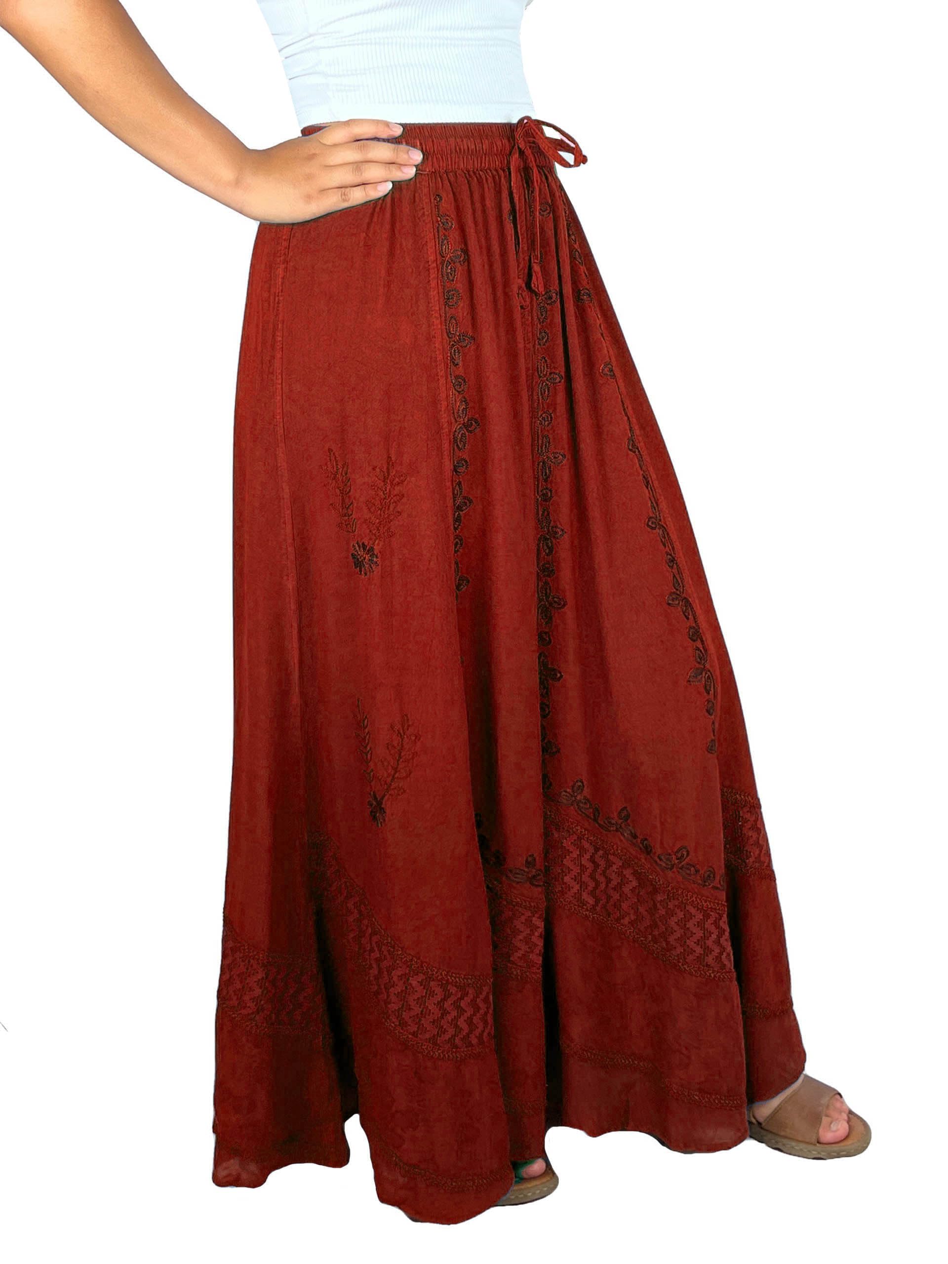 2025 Spring Women's Boho Flare Maxi Skirt with Elastic Waistband & Renaissance Embroidery | Agan Traders Long Bohemian Skirt for Festival, Beach, and Casual Wear