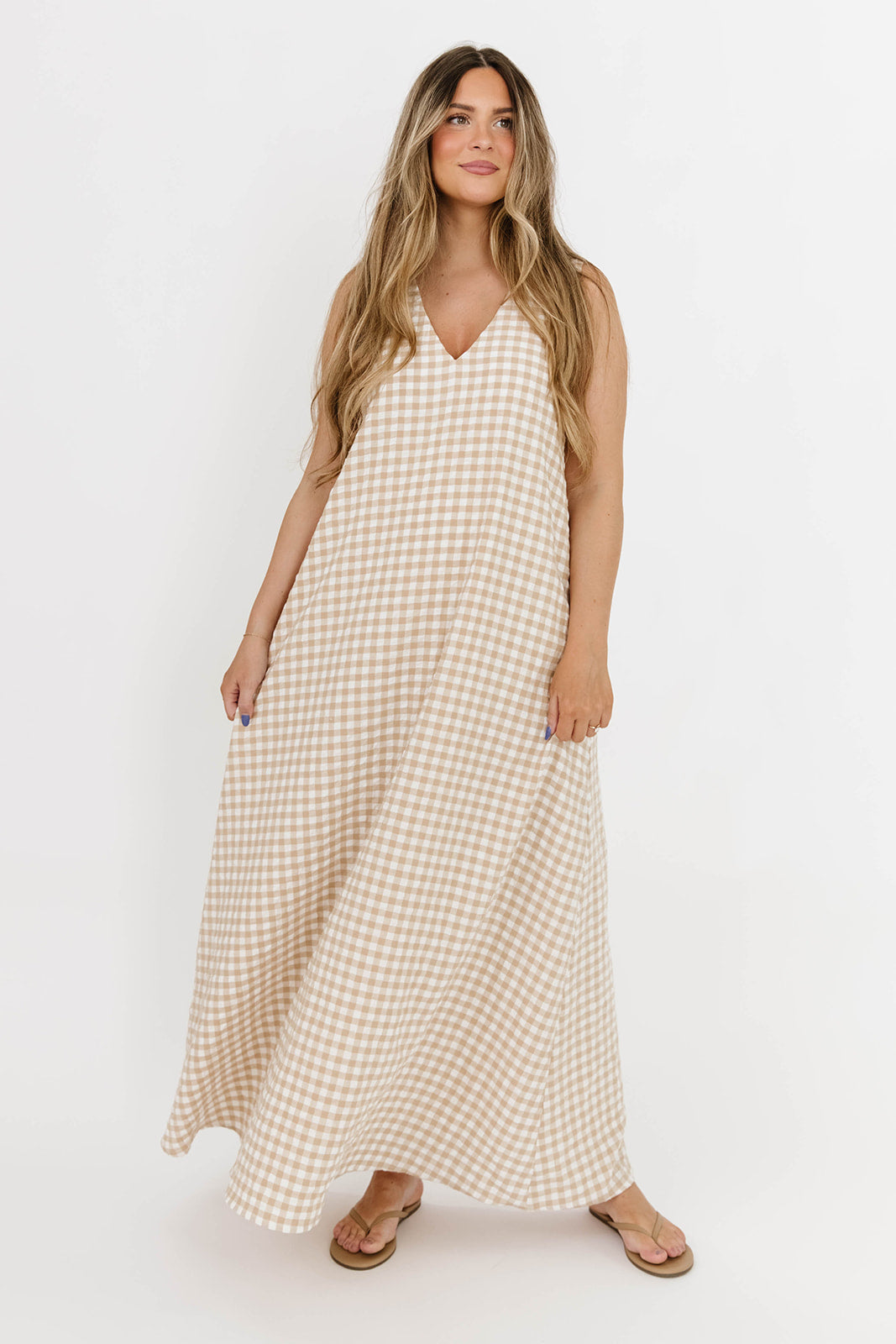 Ruthie Gingham Maxi Dress in Honey - Flowy Summer Dress for Women, Boho Chic Long Dress with Pockets, Perfect for Beach, Vacation & Outdoor Events
