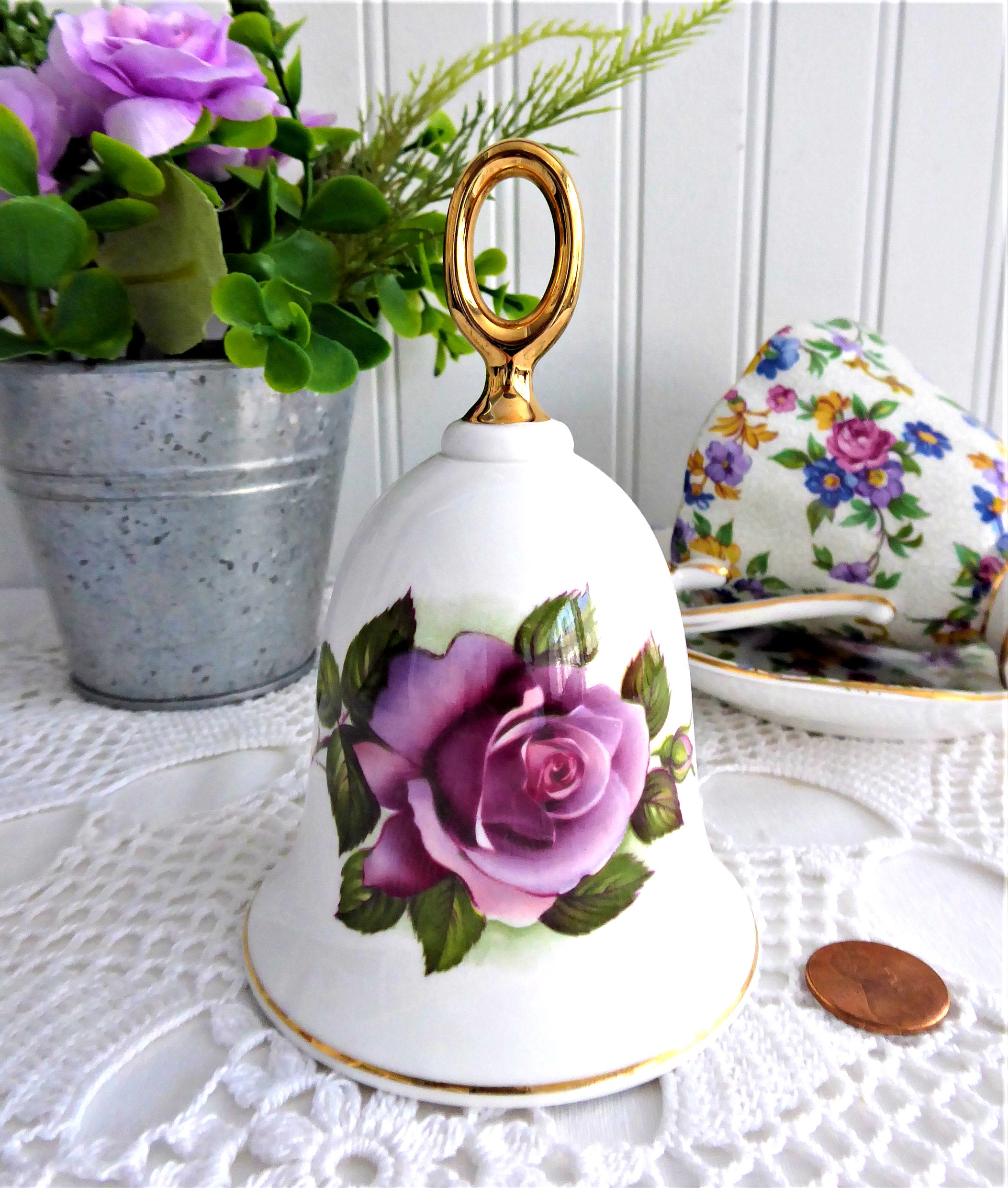 Vintage 1970s Blue Moon Rose Hostess Bell England Purple Violet Rose Bone China Tea Cup - Danbury Collectible for Afternoon Tea & Home Decor