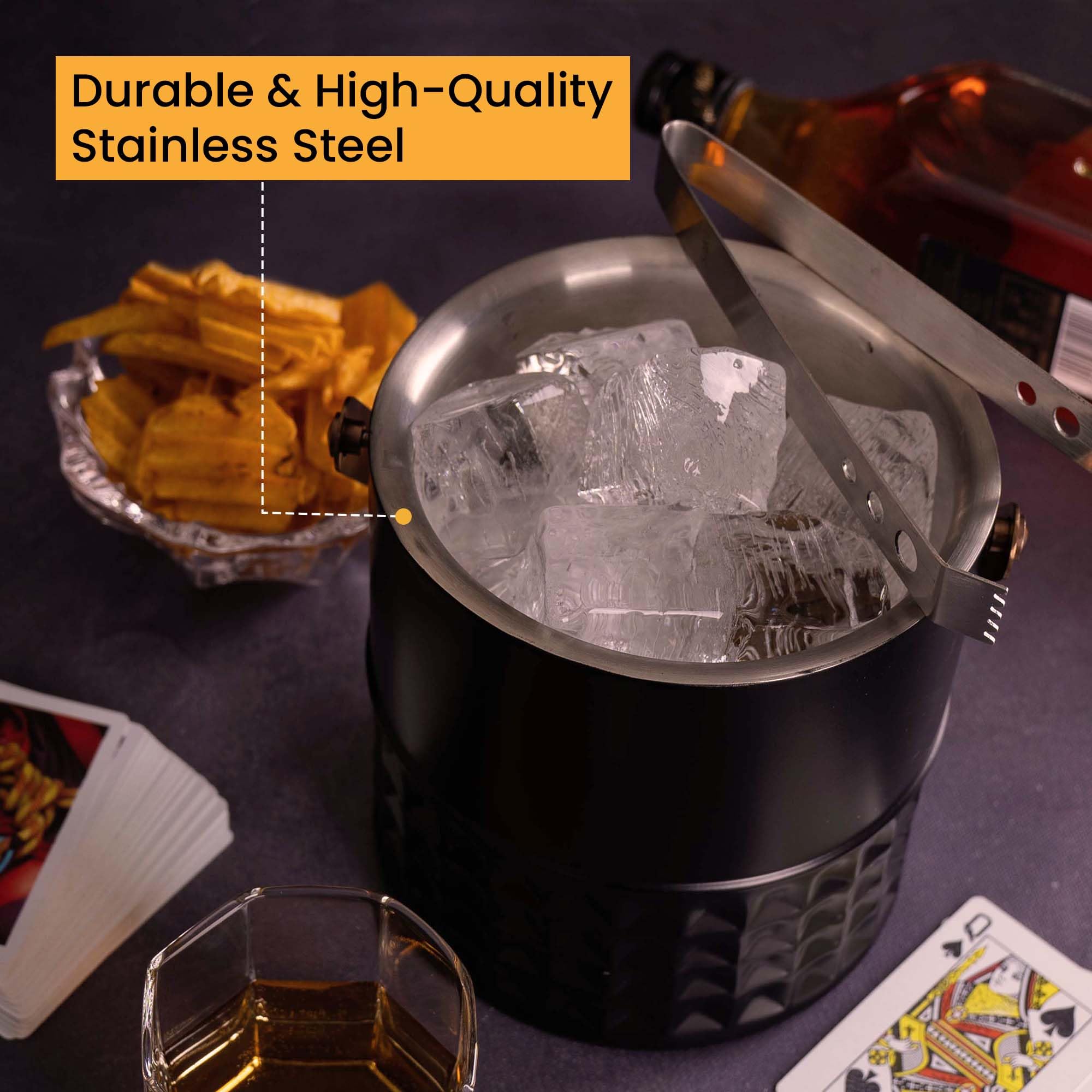 Premium Stainless Steel Ice Bucket with Tongs - 1500ml Square Hammer Design for Cocktails, Wine & Chilling Drinks | Bar & Home Use | Rustproof & Durable