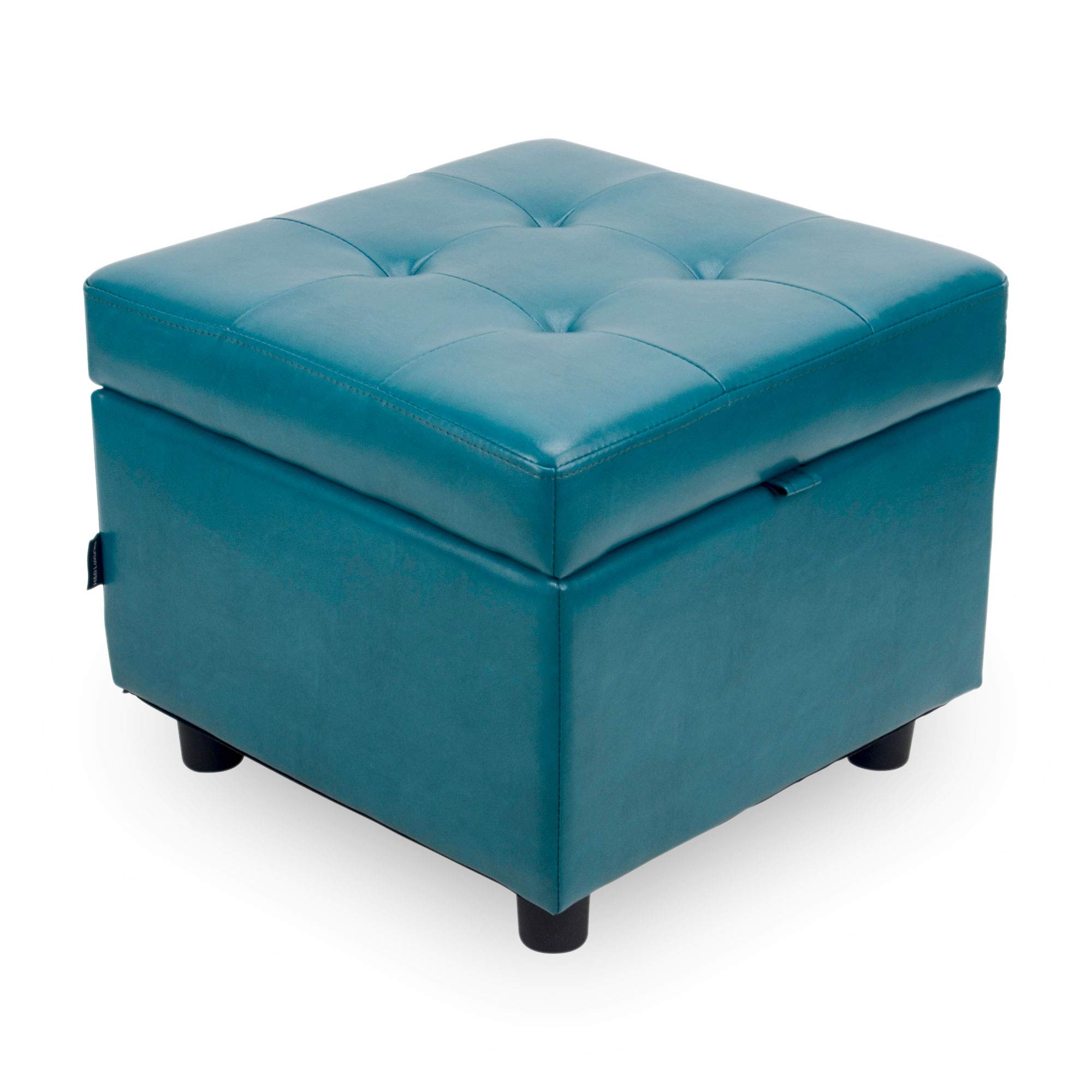 H&B Luxuries Tufted Leather Square Flip Top Storage Ottoman Cube Foot Rest - Blue with Hidden Storage | Perfect for Living Room, Bedroom & Home Office Organization