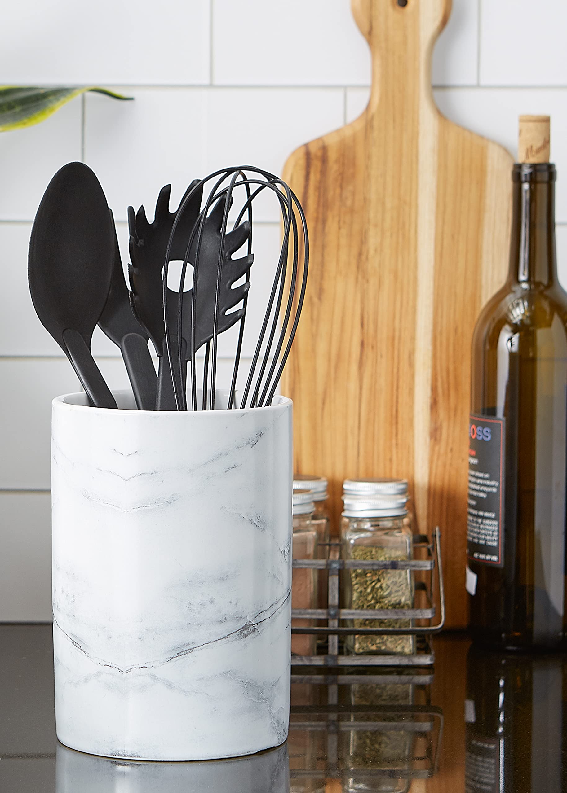 DII Ceramic Utensil Holder - White Marble Kitchen Organizer for Spoons, Forks & Cooking Tools | Perfect for Countertop Storage & Kitchen Decor