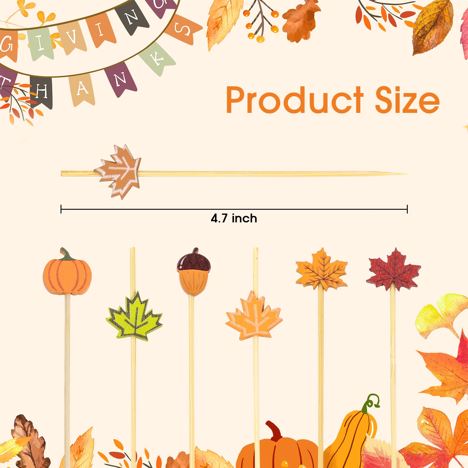 100PCS Fall Cocktail Picks 4.7 Inch - Decorative Bamboo Toothpicks with Autumn Leaves, Pumpkins & Acorns Designs for Thanksgiving Party, Appetizers, Fruit Skewers & Drink Decorations - Perfect for Seasonal Gatherings, Holiday Tablescapes and DIY Crafts