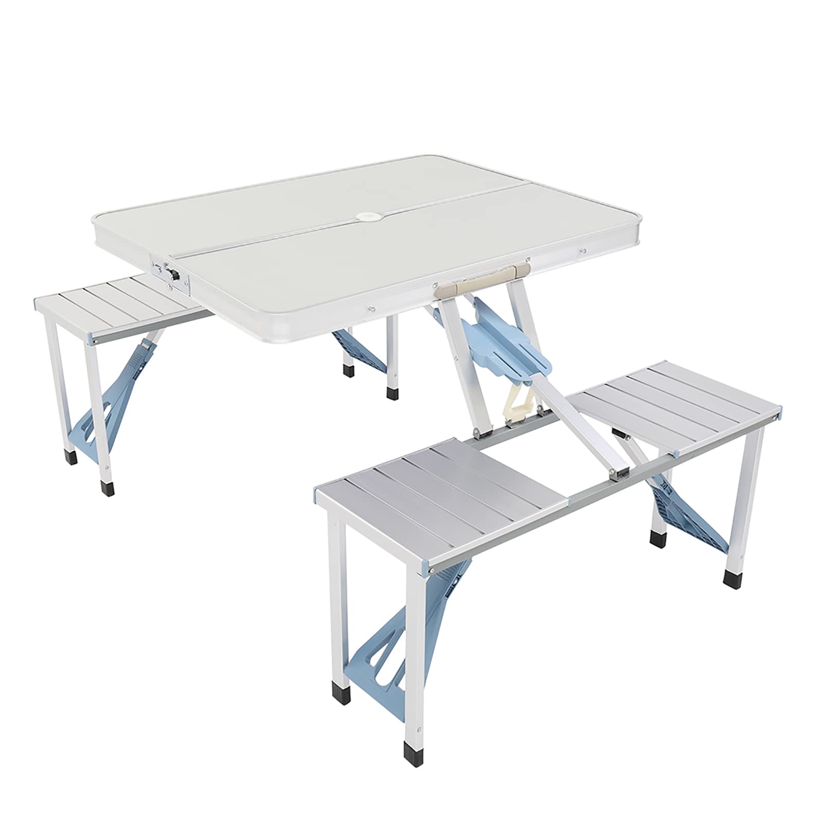 Portable 4-Seat Folding Aluminum Picnic Table with Chairs Set - Lightweight Outdoor Dining Furniture with Umbrella Hole - Perfect for Camping, BBQ, Beach Parties & Backyard Gatherings - Easy to Carry & Store