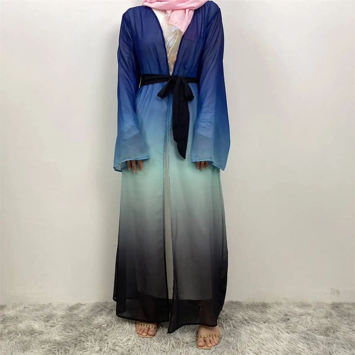 Gradient Color Chiffon Muslim Women's Cardigan Open Abaya Dress - Elegant Prayer Dress for Hijab Fashion & Special Occasions